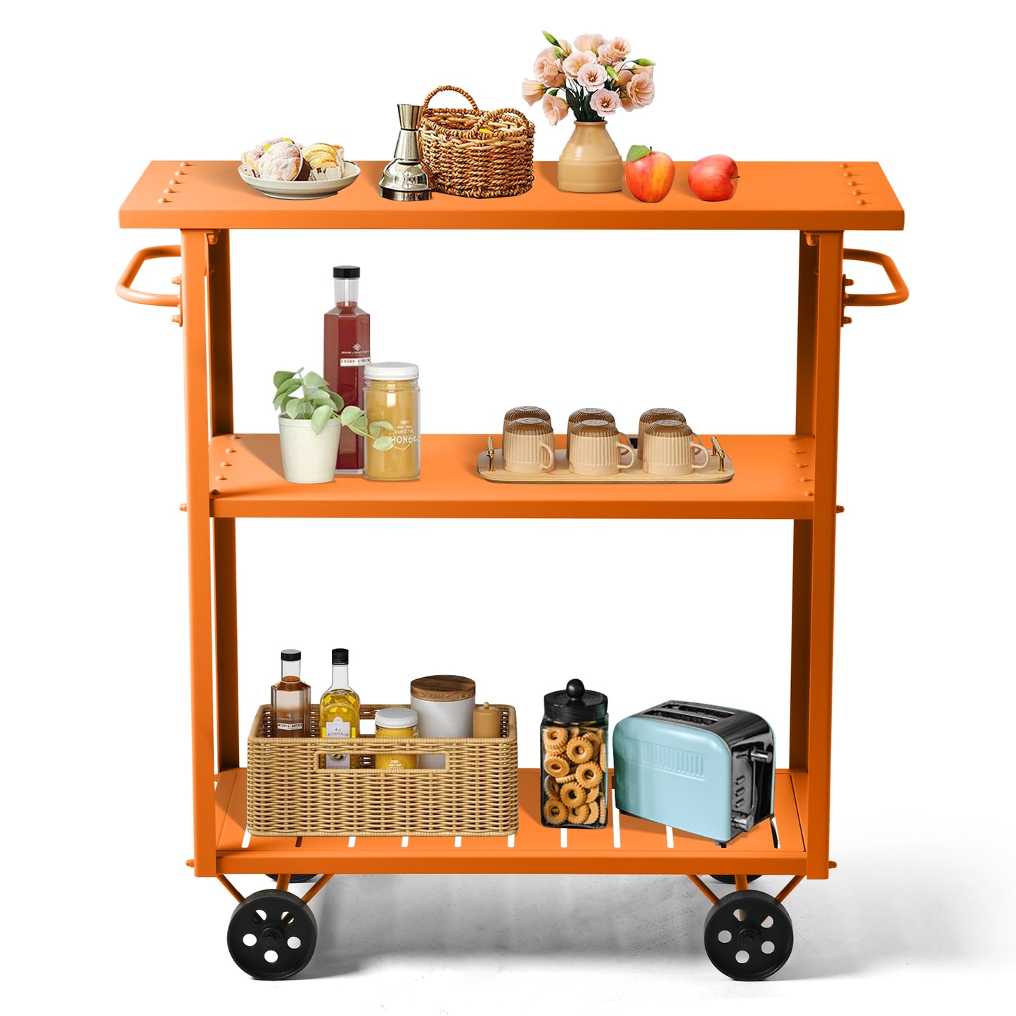 Industrial 3 Tier Mobile Bar Cart Rustic Metal Serving Cart with Wheels and Side Handles Vintage Rolling Kitchen Stand Cart-39.37" Lx15.75"Wx41.34" H,3 Tier with 2 Side Handle
