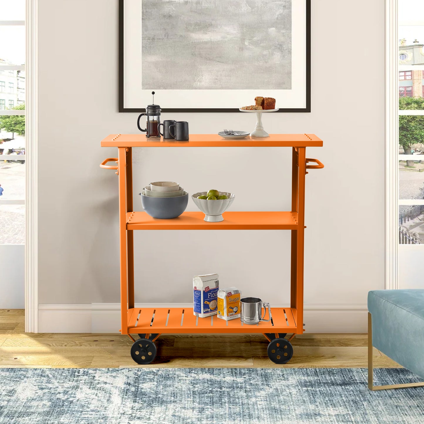 Industrial 3 Tier Mobile Bar Cart Rustic Metal Serving Cart with Wheels and Side Handles Vintage Rolling Kitchen Stand Cart-39.37" Lx15.75"Wx41.34" H,3 Tier with 2 Side Handle