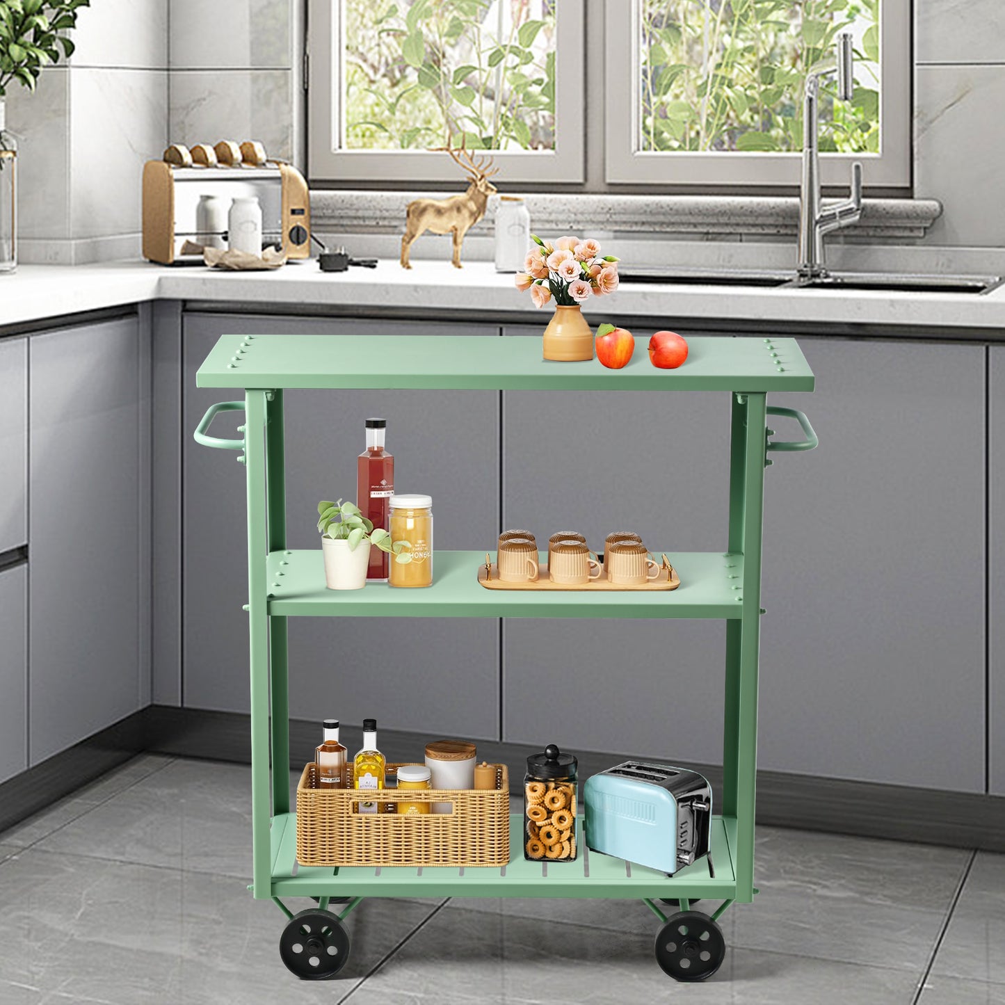 Industrial 3 Tier Mobile Bar Cart Rustic Metal Serving Cart with Wheels and Side Handles Vintage Rolling Kitchen Stand Cart-39.37" Lx15.75"Wx41.34" H,3 Tier with 2 Side Handle