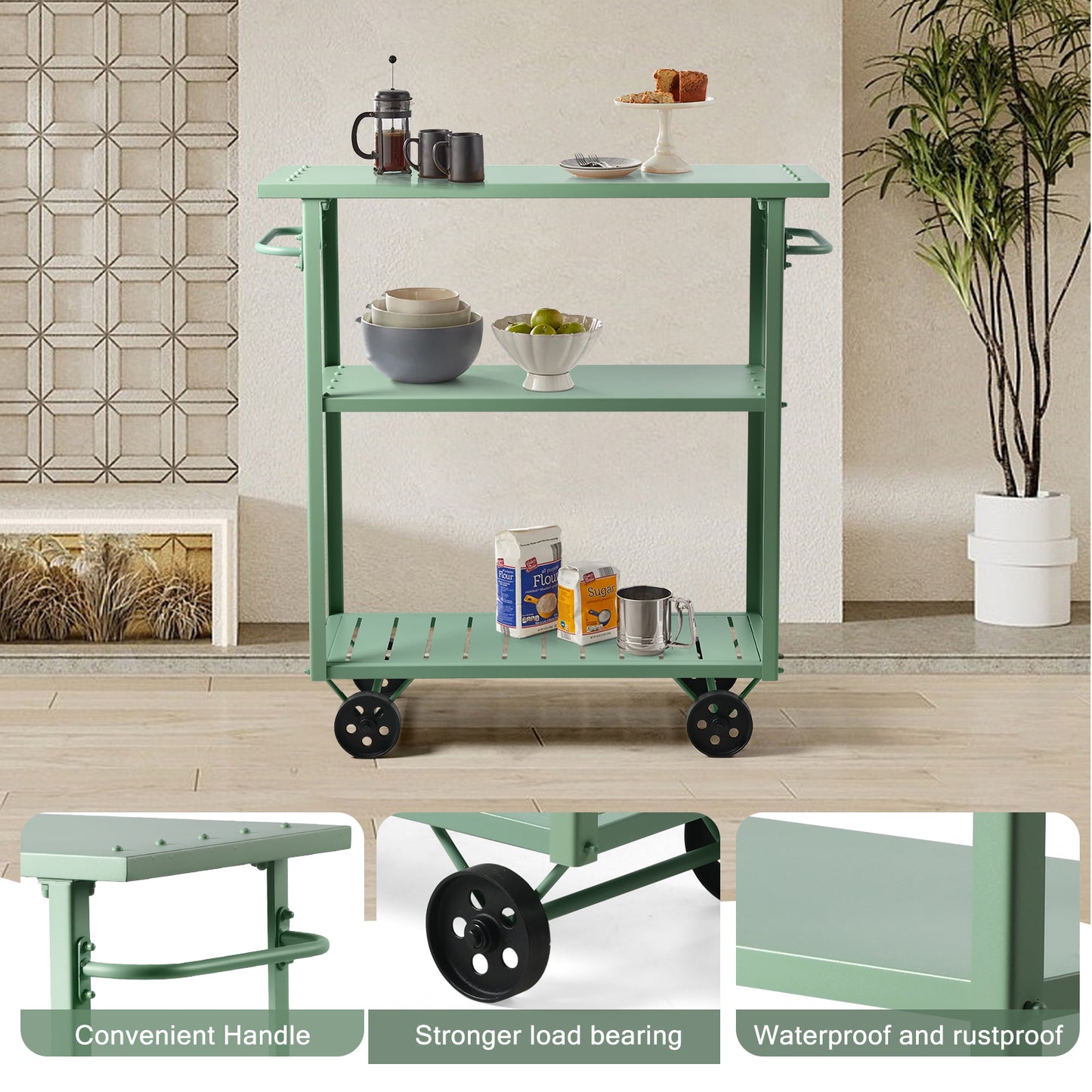Industrial 3 Tier Mobile Bar Cart Rustic Metal Serving Cart with Wheels and Side Handles Vintage Rolling Kitchen Stand Cart-39.37" Lx15.75"Wx41.34" H,3 Tier with 2 Side Handle