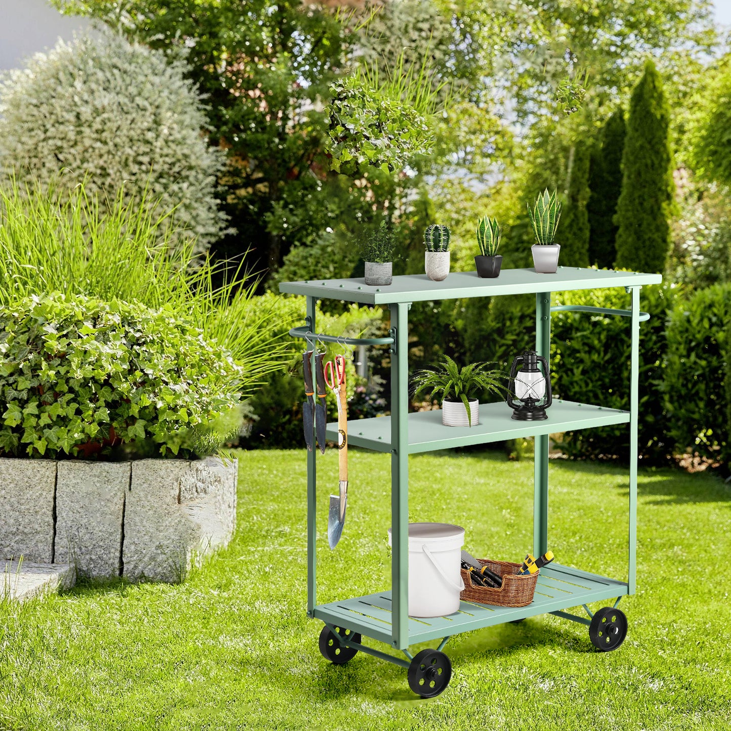 Industrial 3 Tier Mobile Bar Cart Rustic Metal Serving Cart with Wheels and Side Handles Vintage Rolling Kitchen Stand Cart-39.37" Lx15.75"Wx41.34" H,3 Tier with 2 Side Handle