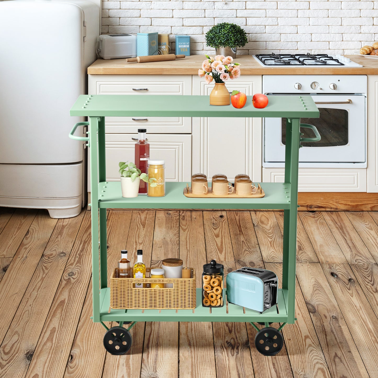Industrial 3 Tier Mobile Bar Cart Rustic Metal Serving Cart with Wheels and Side Handles Vintage Rolling Kitchen Stand Cart-39.37" Lx15.75"Wx41.34" H,3 Tier with 2 Side Handle