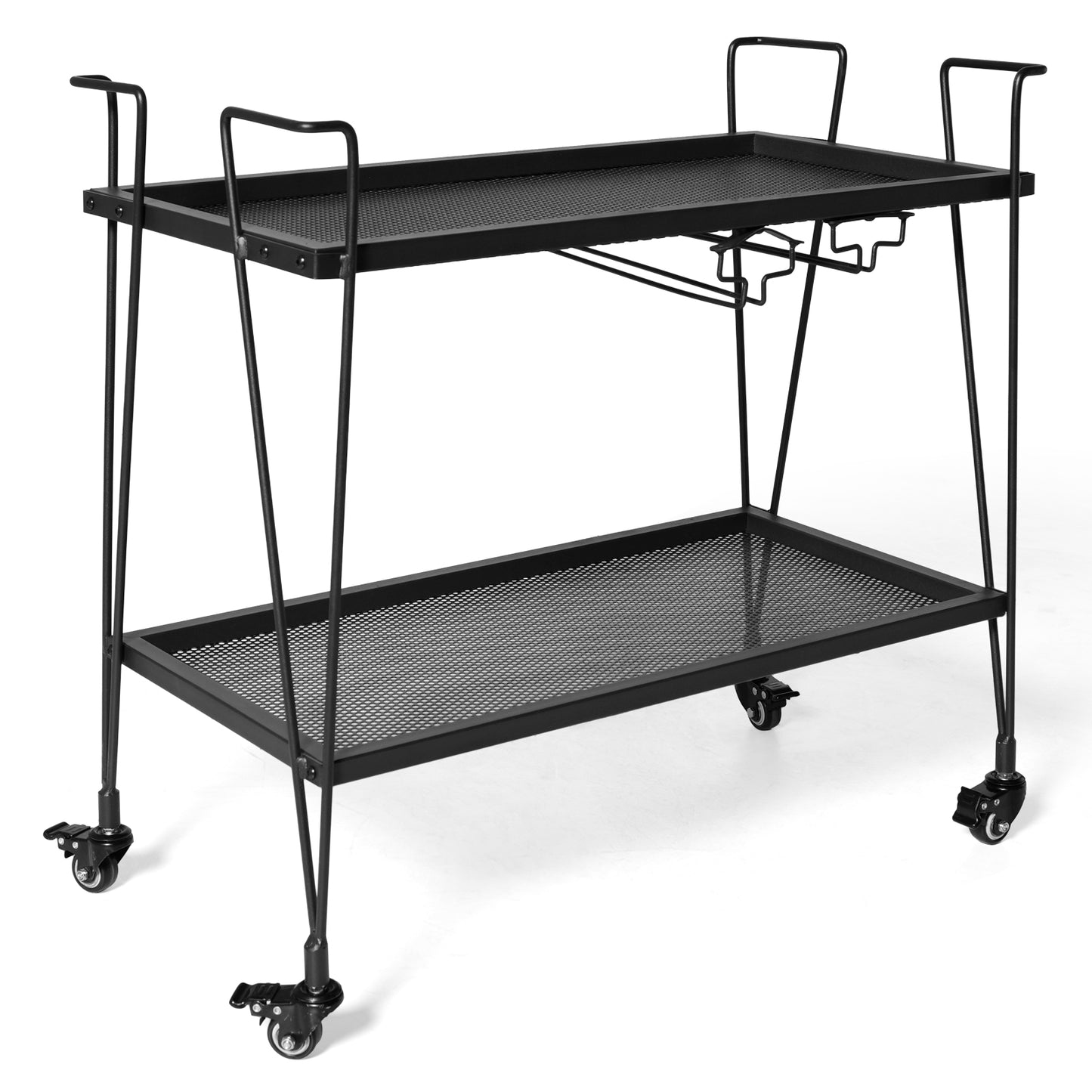 Modern Kitchen Bar Cart on Wheels With wine glass rack Metal Rolling Serving Carts with 2 Tier for Storage Mobile Kitchen Island with Lockable Casters and Side Handle for Outdoor& Indoor（Black）