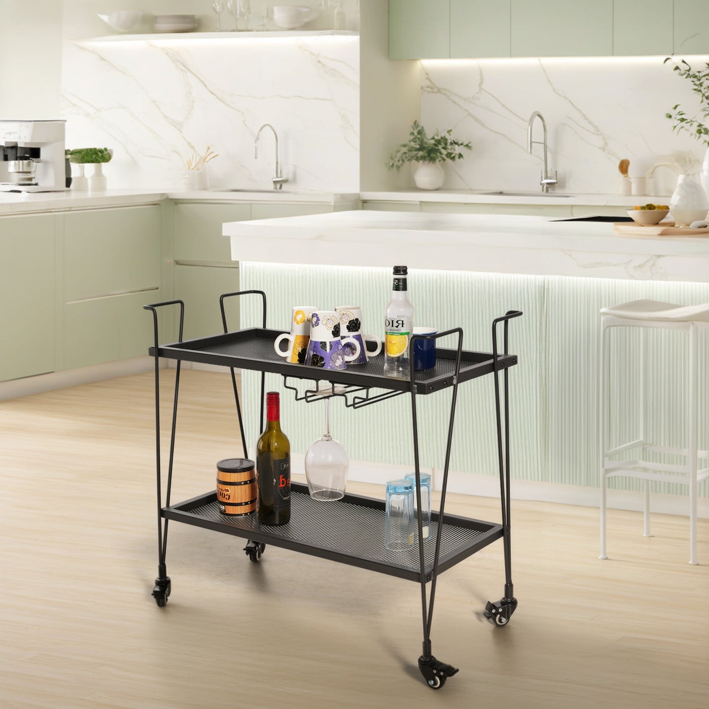Modern Kitchen Bar Cart on Wheels With wine glass rack Metal Rolling Serving Carts with 2 Tier for Storage Mobile Kitchen Island with Lockable Casters and Side Handle for Outdoor& Indoor（Black）