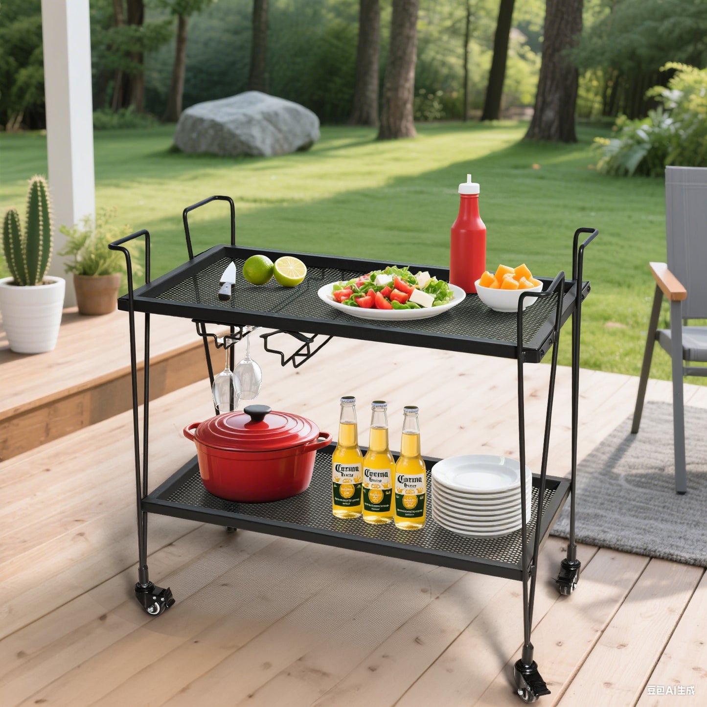 Modern Kitchen Bar Cart on Wheels With wine glass rack Metal Rolling Serving Carts with 2 Tier for Storage Mobile Kitchen Island with Lockable Casters and Side Handle for Outdoor& Indoor（Black）