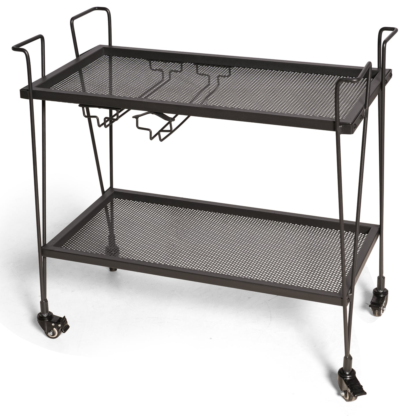 Modern Kitchen Bar Cart on Wheels With wine glass rack Metal Rolling Serving Carts with 2 Tier for Storage Mobile Kitchen Island with Lockable Casters and Side Handle for Outdoor& Indoor（Black）