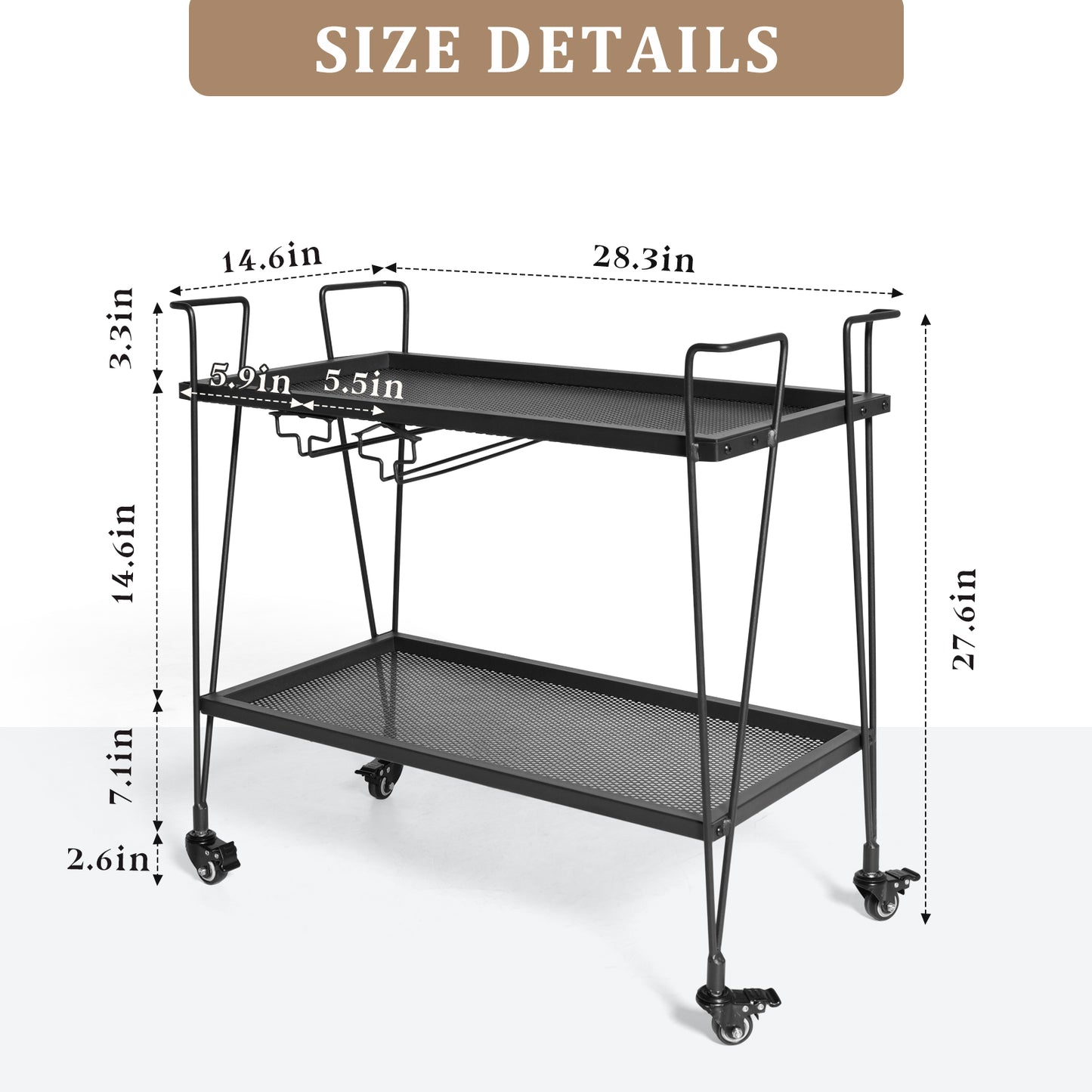 Modern Kitchen Bar Cart on Wheels With wine glass rack Metal Rolling Serving Carts with 2 Tier for Storage Mobile Kitchen Island with Lockable Casters and Side Handle for Outdoor& Indoor（Black）