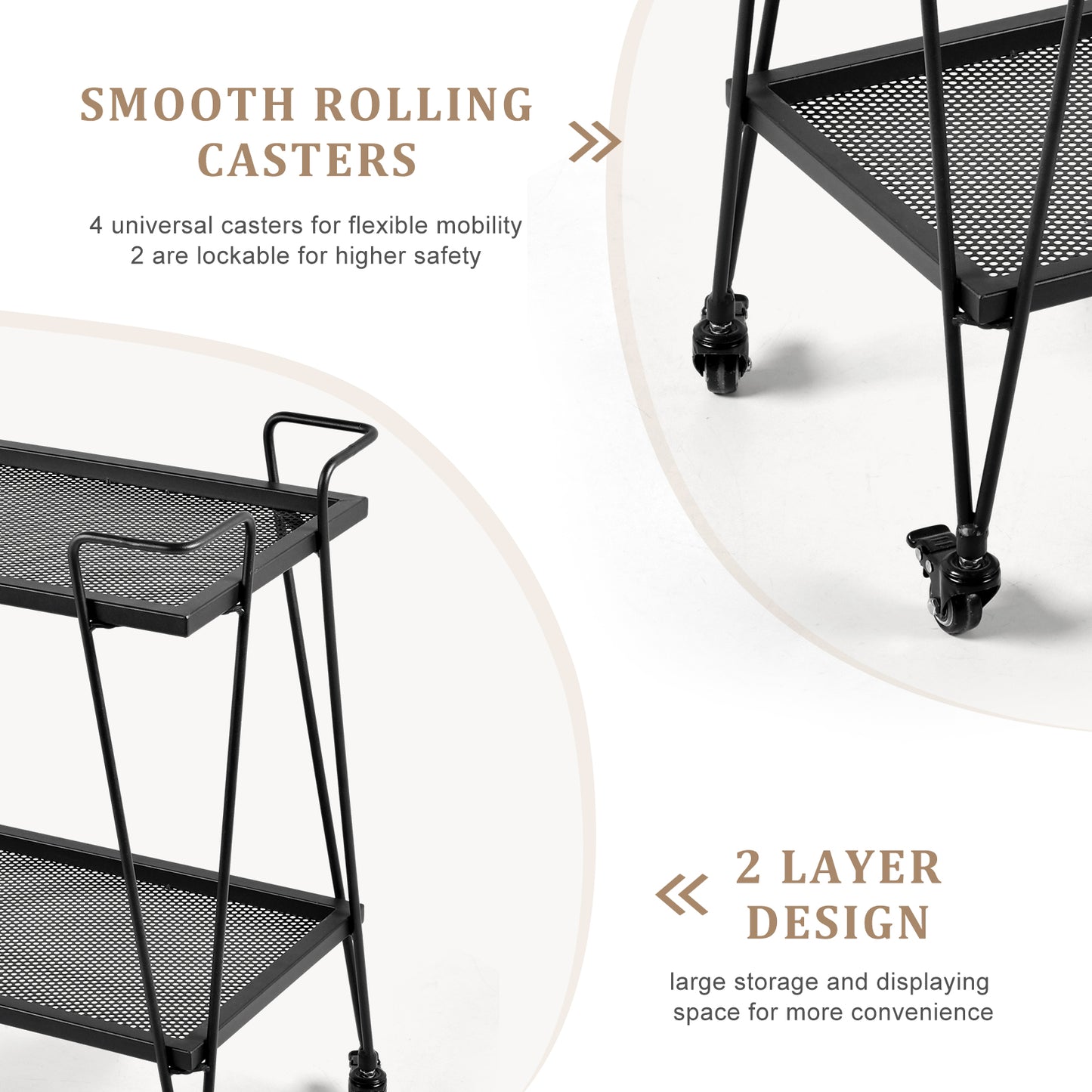 Modern Kitchen Bar Cart on Wheels With wine glass rack Metal Rolling Serving Carts with 2 Tier for Storage Mobile Kitchen Island with Lockable Casters and Side Handle for Outdoor& Indoor（Black）