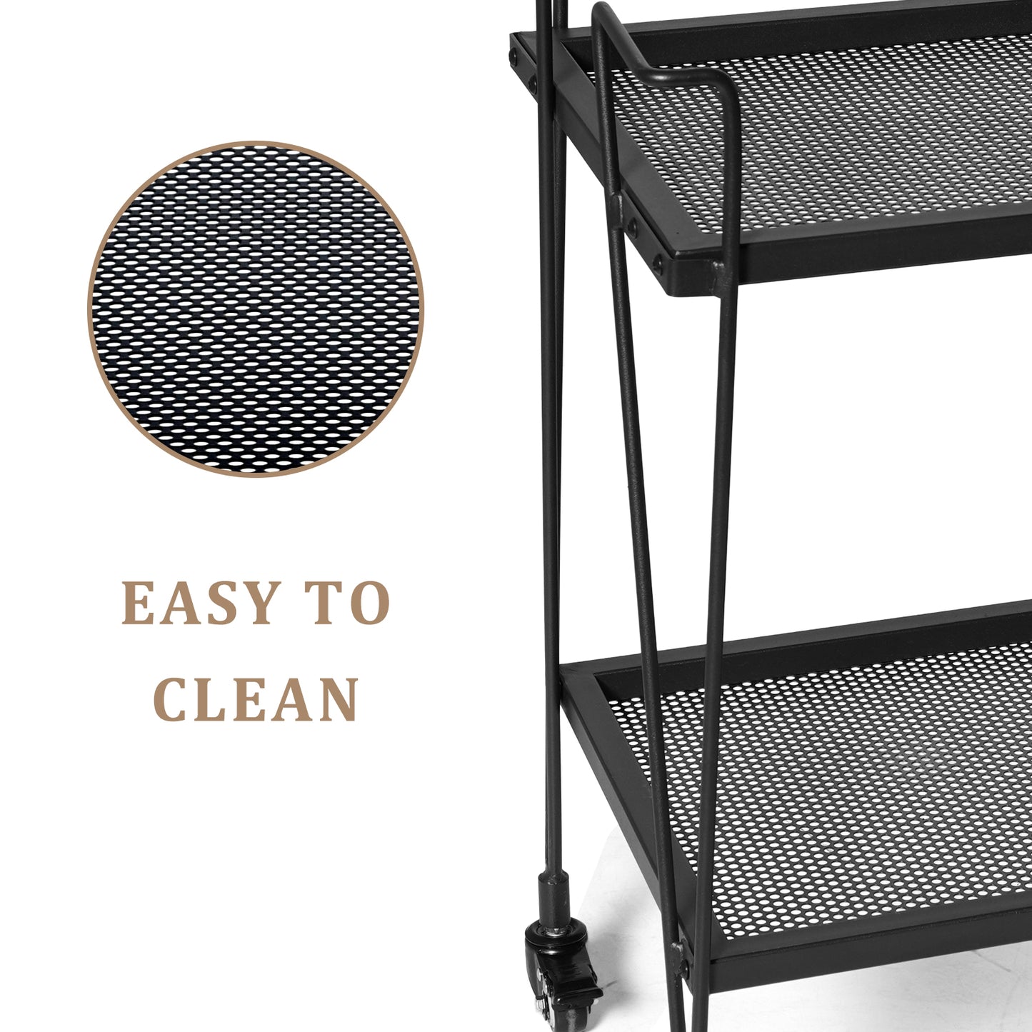 Modern Kitchen Bar Cart on Wheels With wine glass rack Metal Rolling Serving Carts with 2 Tier for Storage Mobile Kitchen Island with Lockable Casters and Side Handle for Outdoor& Indoor（Black）