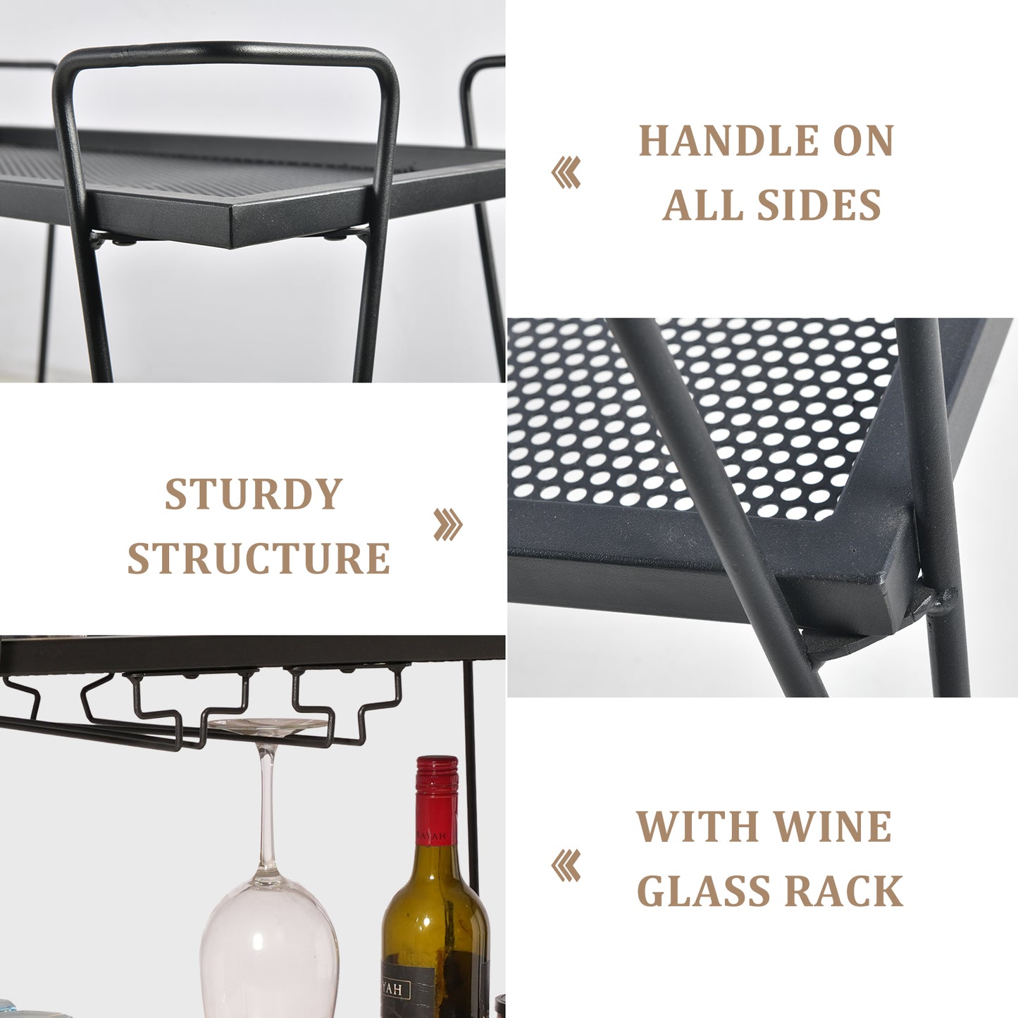 Modern Kitchen Bar Cart on Wheels With wine glass rack Metal Rolling Serving Carts with 2 Tier for Storage Mobile Kitchen Island with Lockable Casters and Side Handle for Outdoor& Indoor（Black）