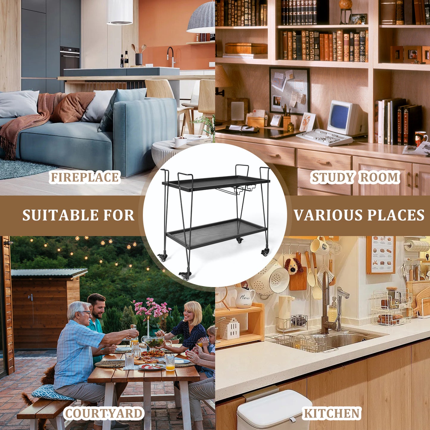 Modern Kitchen Bar Cart on Wheels With wine glass rack Metal Rolling Serving Carts with 2 Tier for Storage Mobile Kitchen Island with Lockable Casters and Side Handle for Outdoor& Indoor（Black）