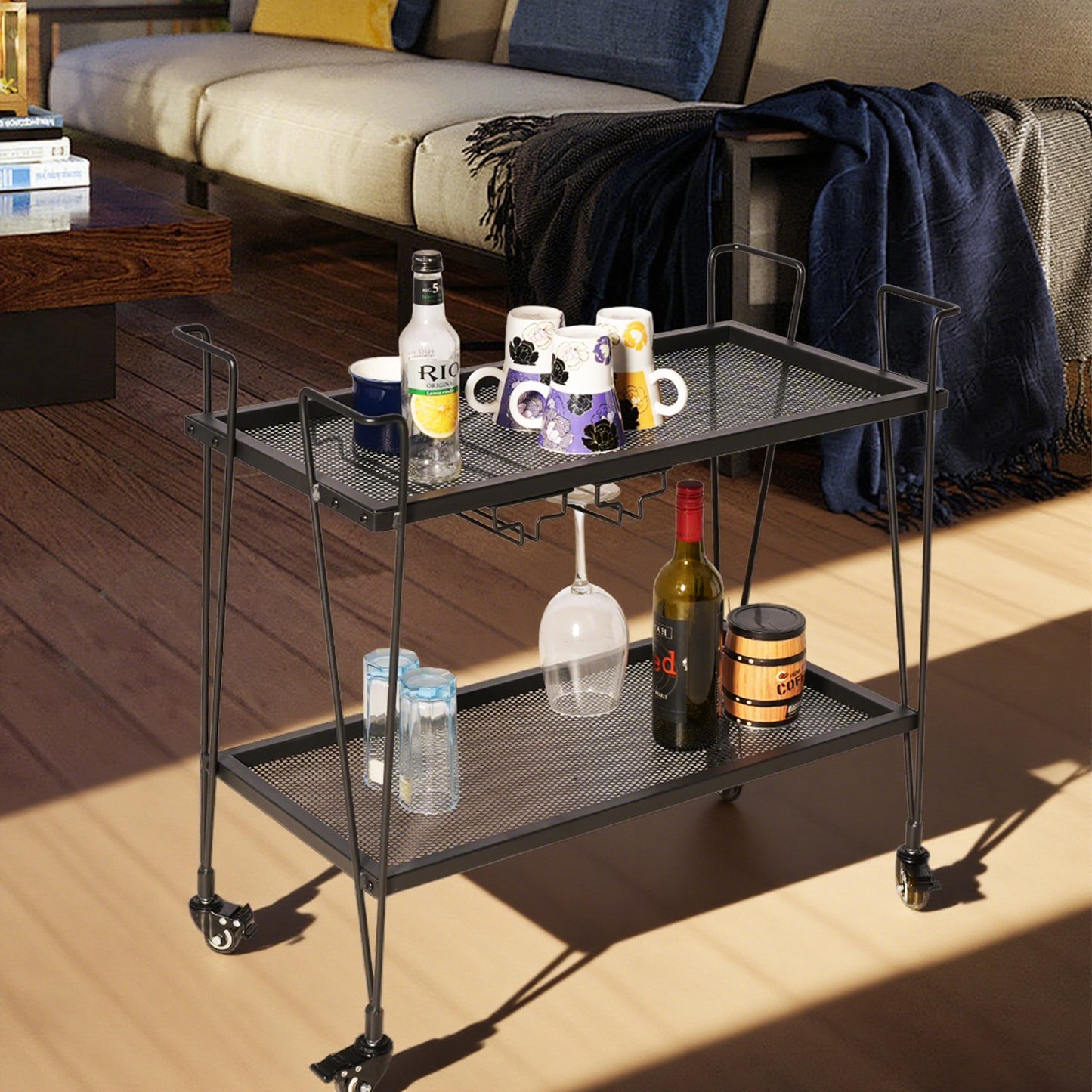 Modern Kitchen Bar Cart on Wheels With wine glass rack Metal Rolling Serving Carts with 2 Tier for Storage Mobile Kitchen Island with Lockable Casters and Side Handle for Outdoor& Indoor（Black）