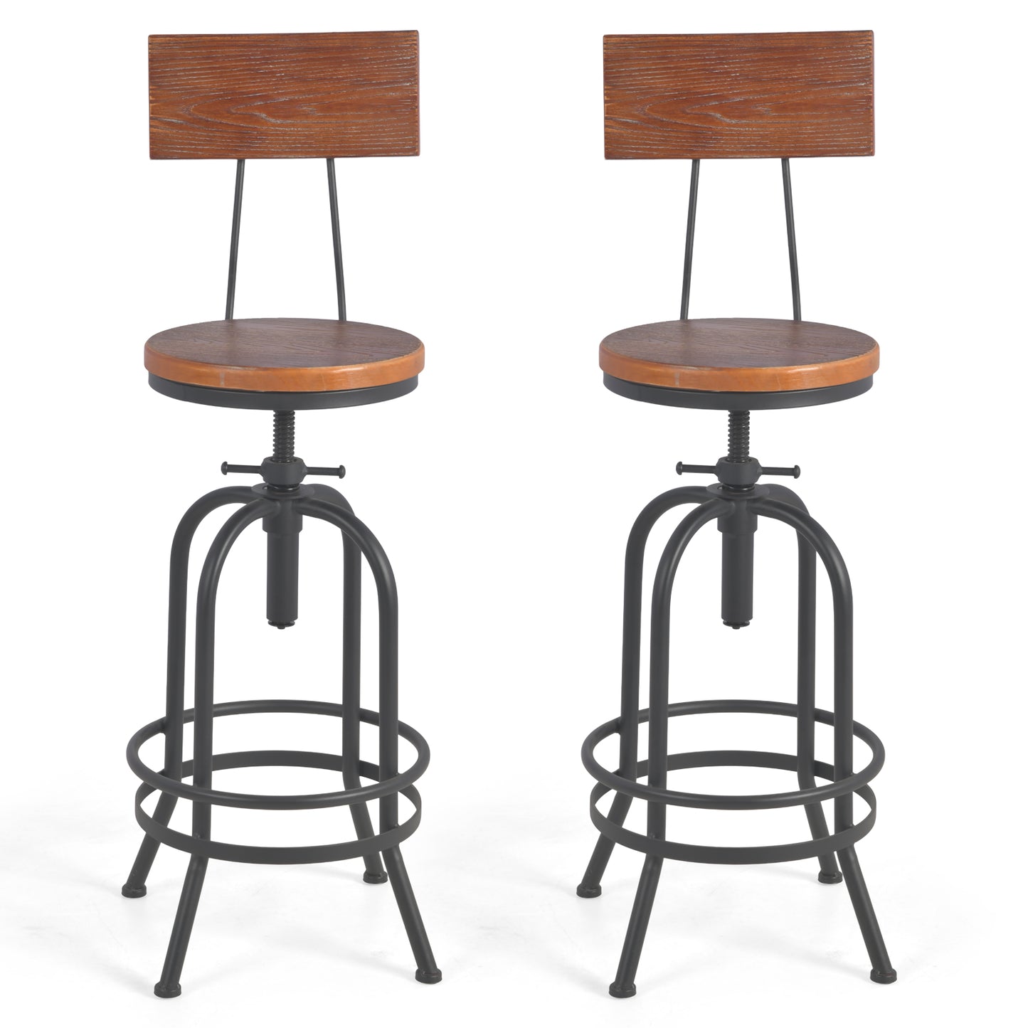 Set of 2,Industrial Bar Stools with Backrest-Swivel Wood Seat-Bar Counter Height Adjustable 26-32.3inch-Kitchen Island Dining Chair