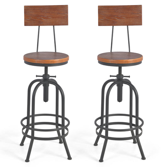 Set of 2,Industrial Bar Stools with Backrest-Swivel Wood Seat-Bar Counter Height Adjustable 26-32.3inch-Kitchen Island Dining Chair