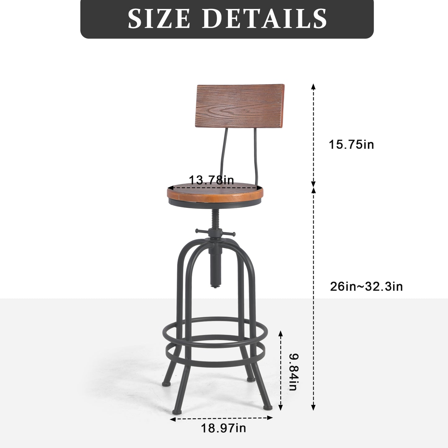 Set of 2,Industrial Bar Stools with Backrest-Swivel Wood Seat-Bar Counter Height Adjustable 26-32.3inch-Kitchen Island Dining Chair