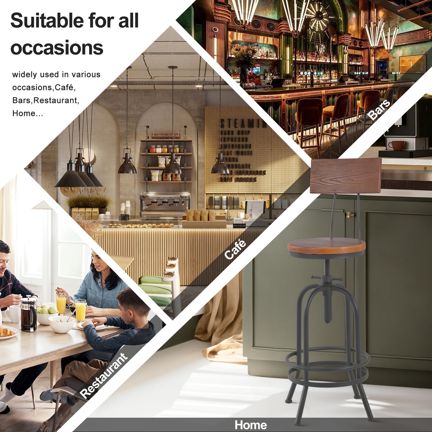 Set of 2,Industrial Bar Stools with Backrest-Swivel Wood Seat-Bar Counter Height Adjustable 26-32.3inch-Kitchen Island Dining Chair