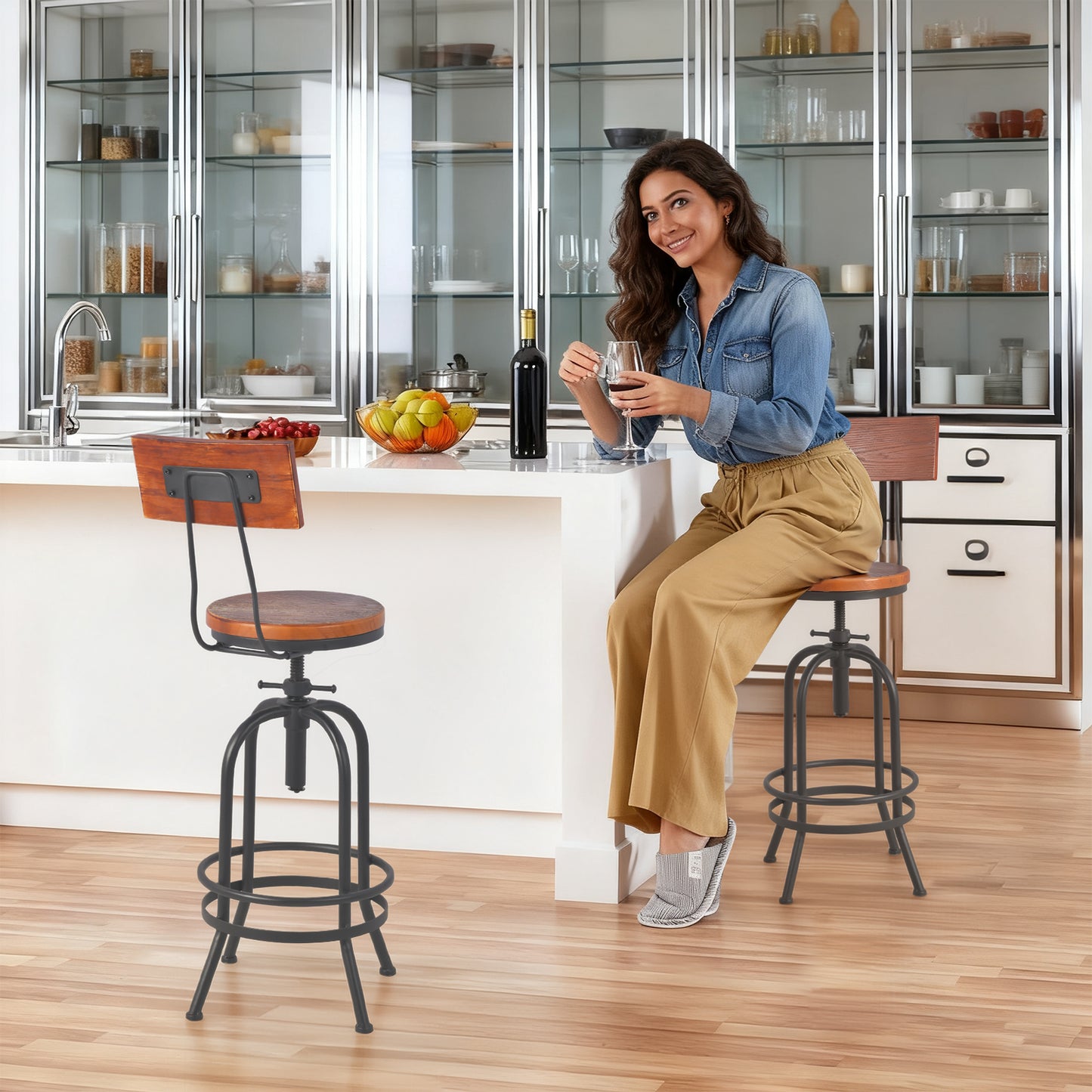 Set of 2,Industrial Bar Stools with Backrest-Swivel Wood Seat-Bar Counter Height Adjustable 26-32.3inch-Kitchen Island Dining Chair