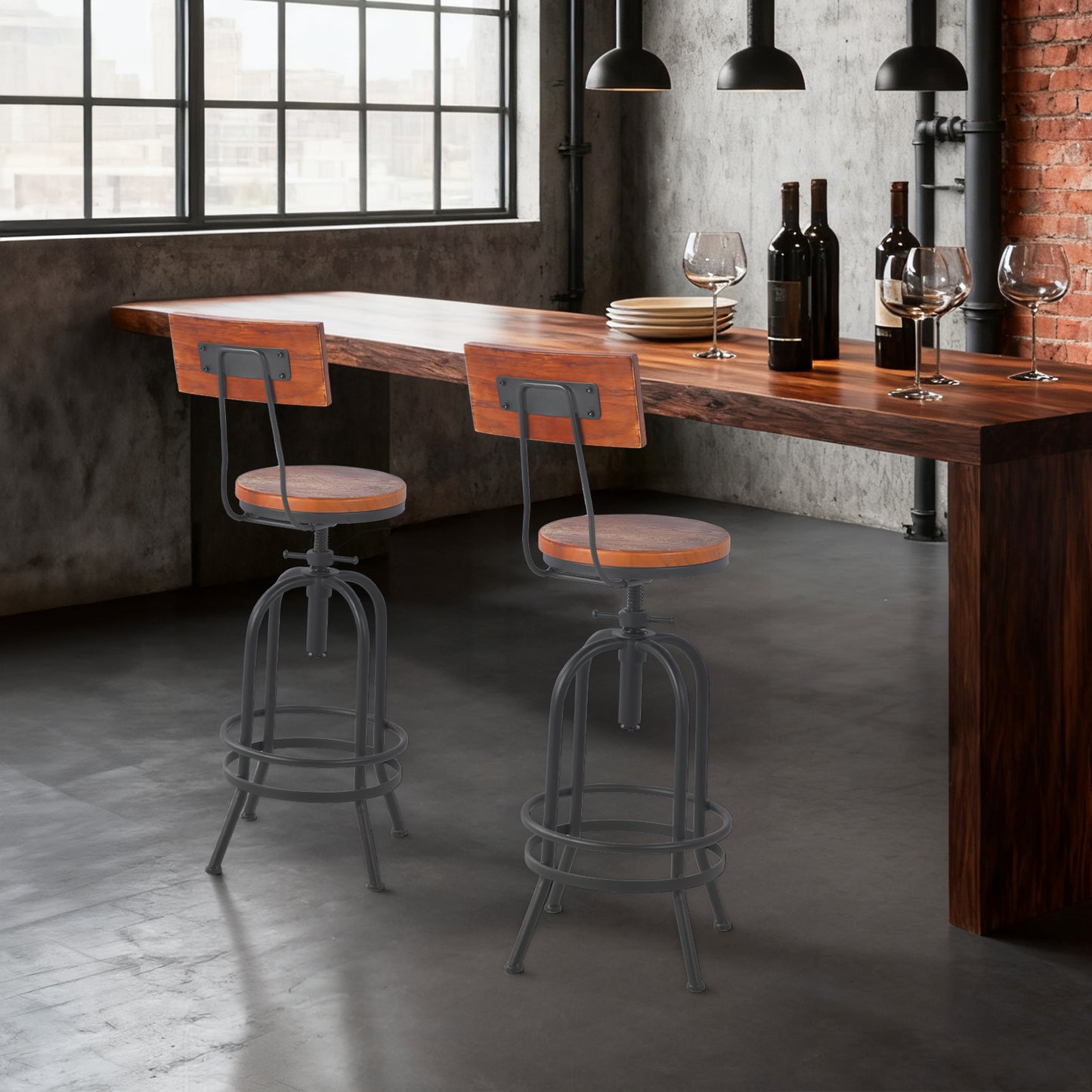 Set of 2,Industrial Bar Stools with Backrest-Swivel Wood Seat-Bar Counter Height Adjustable 26-32.3inch-Kitchen Island Dining Chair