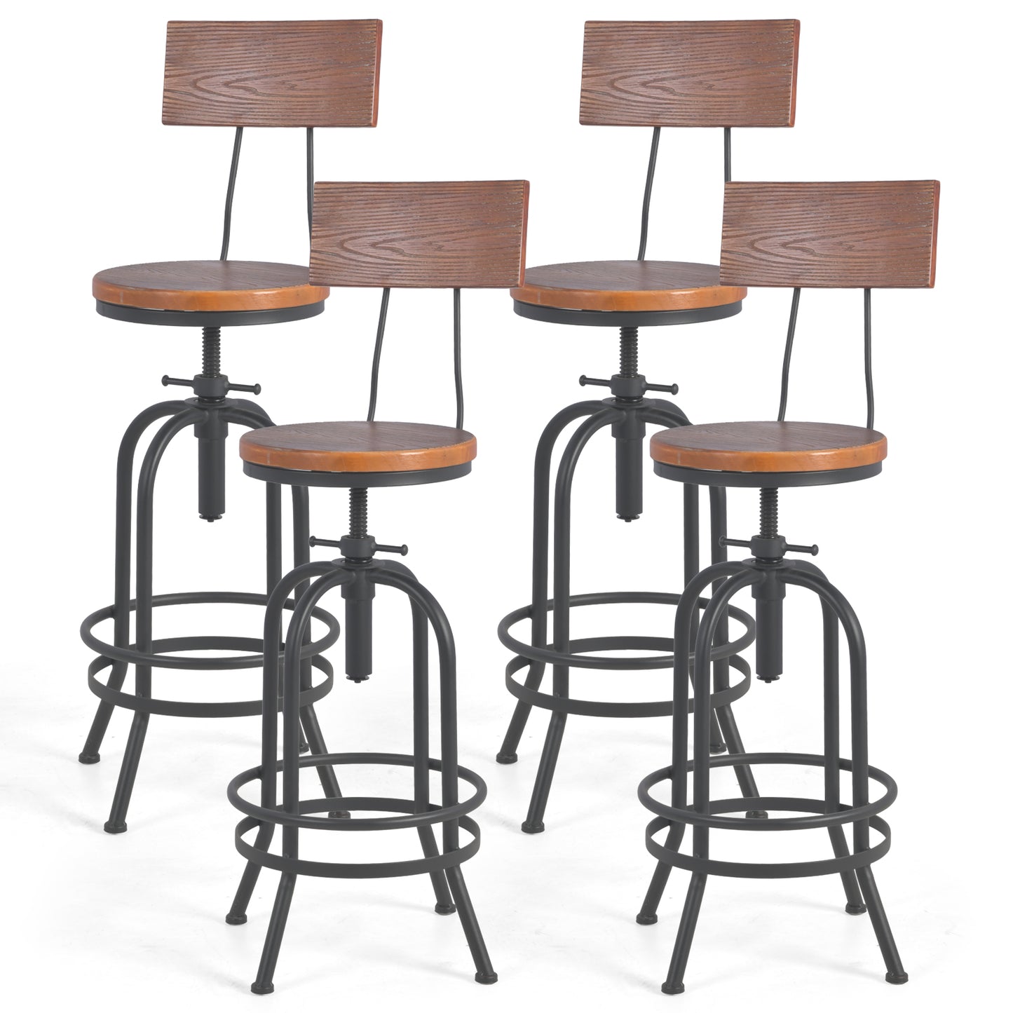 Set of 4,Industrial Bar Stools with Backrest-Swivel Wood Seat-Bar Counter Height Adjustable 26-32.3inch-Kitchen Island Dining Chair