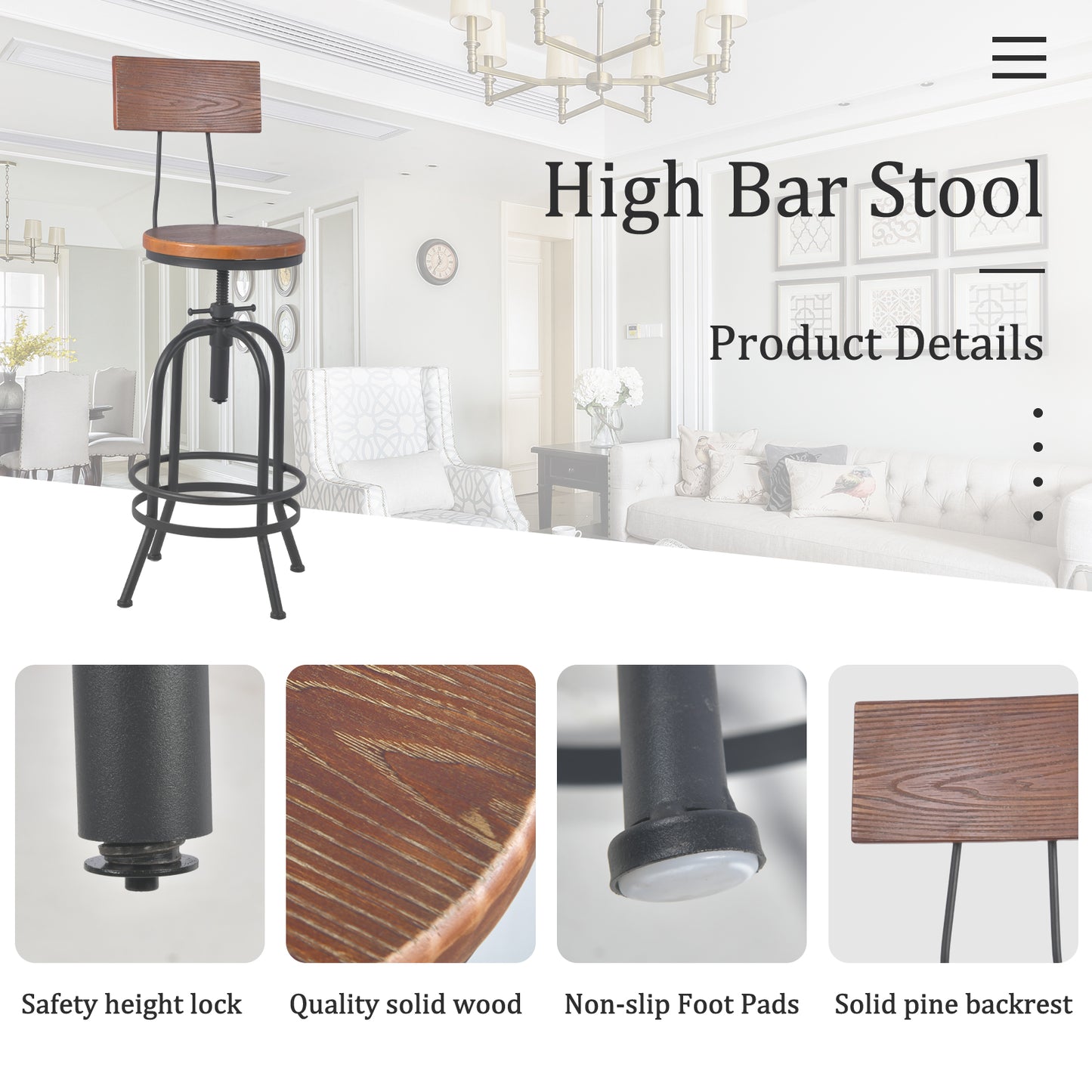 Set of 4,Industrial Bar Stools with Backrest-Swivel Wood Seat-Bar Counter Height Adjustable 26-32.3inch-Kitchen Island Dining Chair