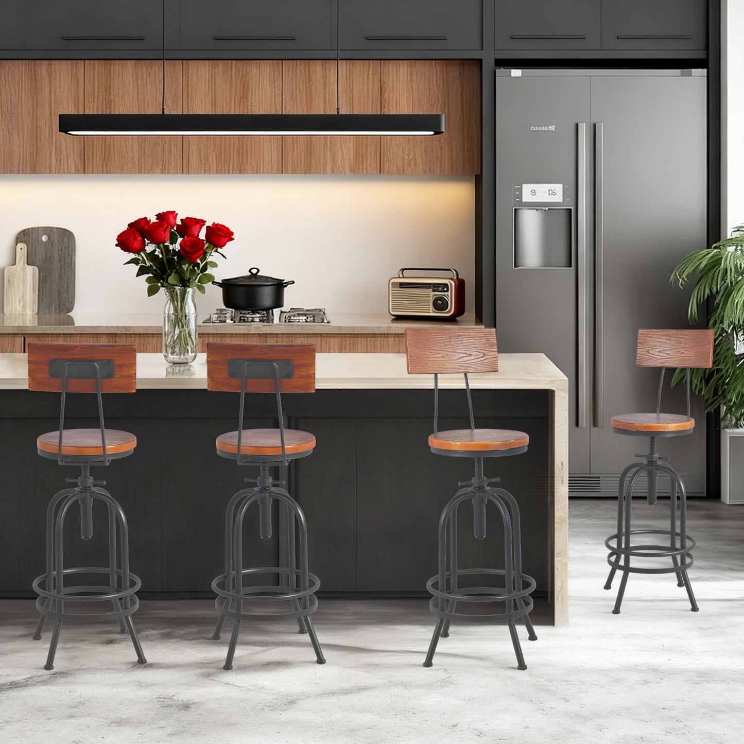 Set of 4,Industrial Bar Stools with Backrest-Swivel Wood Seat-Bar Counter Height Adjustable 26-32.3inch-Kitchen Island Dining Chair
