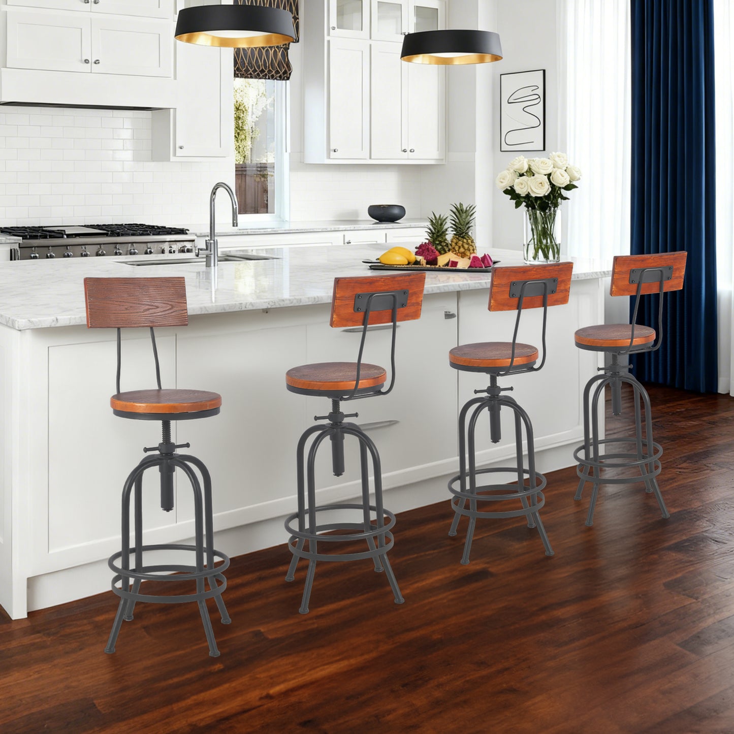Set of 4,Industrial Bar Stools with Backrest-Swivel Wood Seat-Bar Counter Height Adjustable 26-32.3inch-Kitchen Island Dining Chair