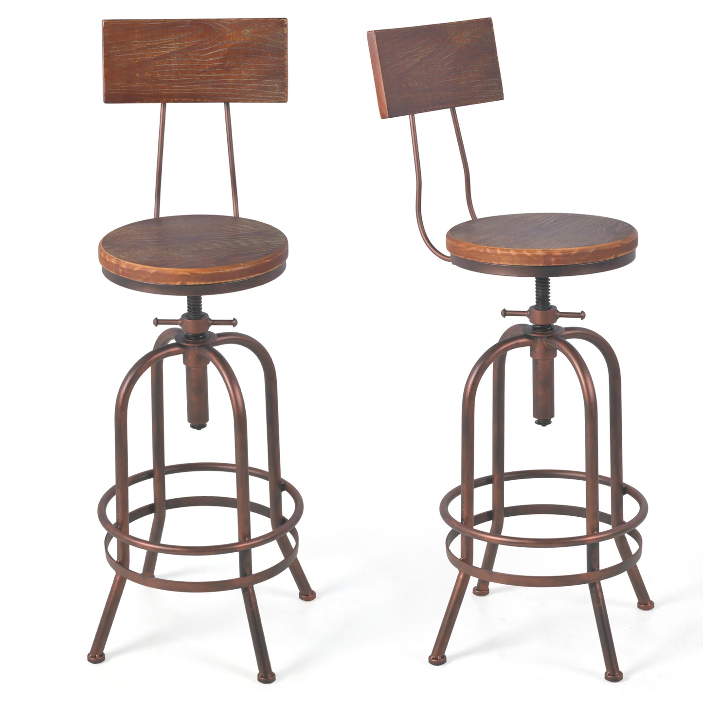 Set of 2,Industrial Bar Stools with Backrest-Swivel Wood Seat-Bar Counter Height Adjustable 26-32.3inch-Kitchen Island Dining Chair