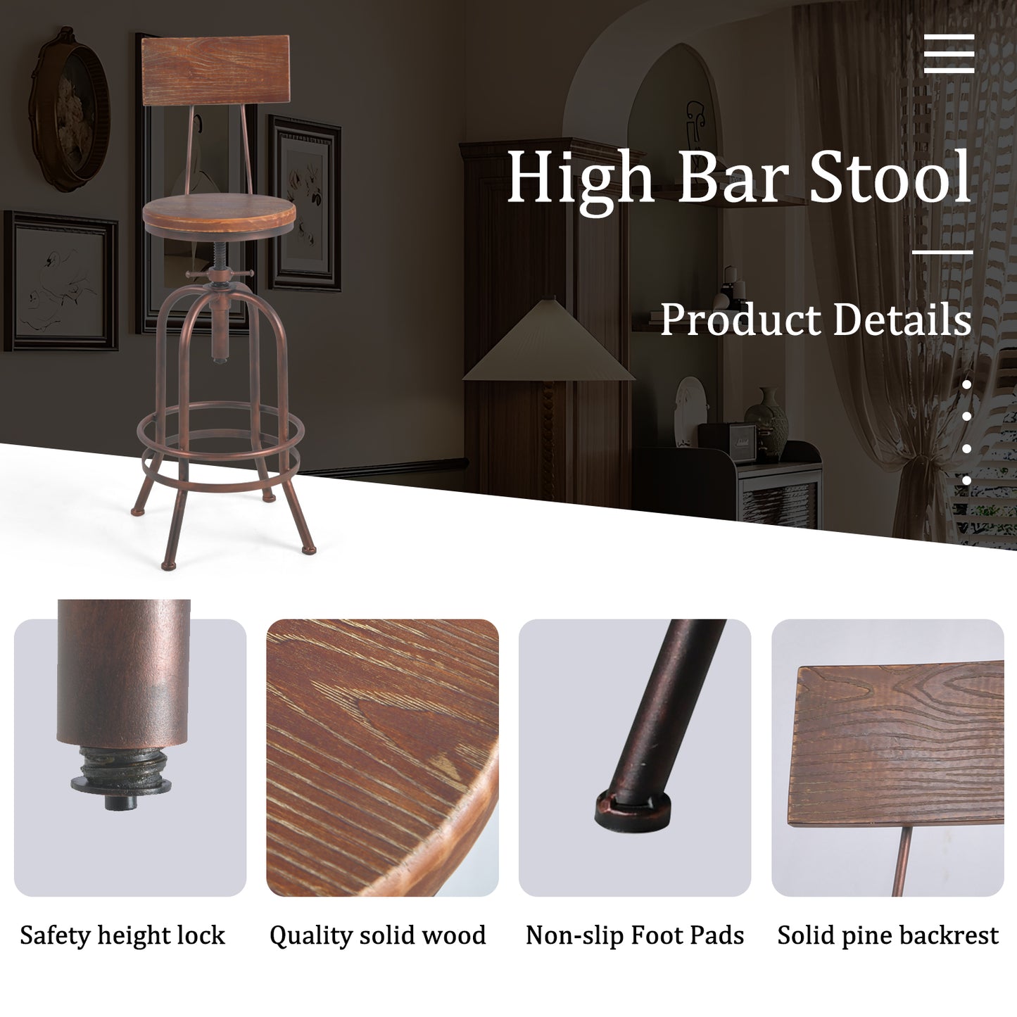 Set of 2,Industrial Bar Stools with Backrest-Swivel Wood Seat-Bar Counter Height Adjustable 26-32.3inch-Kitchen Island Dining Chair