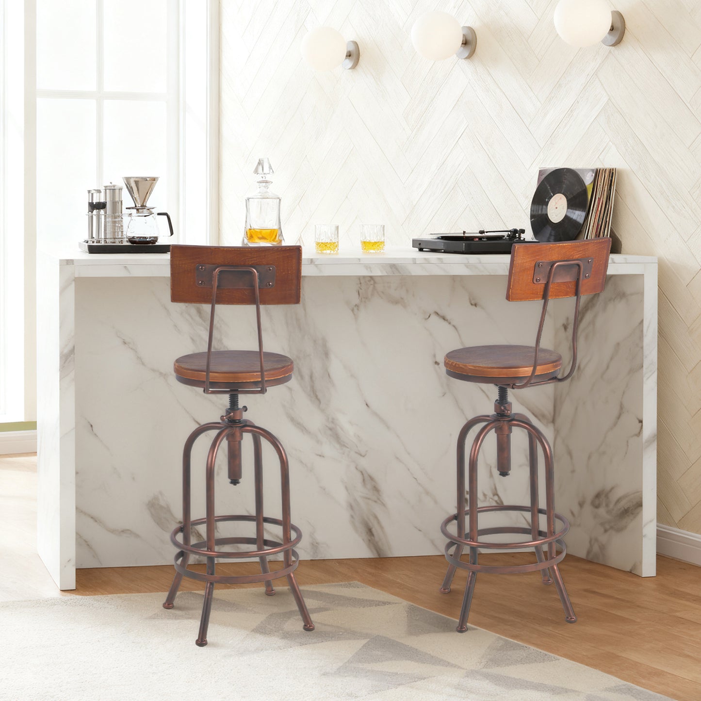 Set of 2,Industrial Bar Stools with Backrest-Swivel Wood Seat-Bar Counter Height Adjustable 26-32.3inch-Kitchen Island Dining Chair