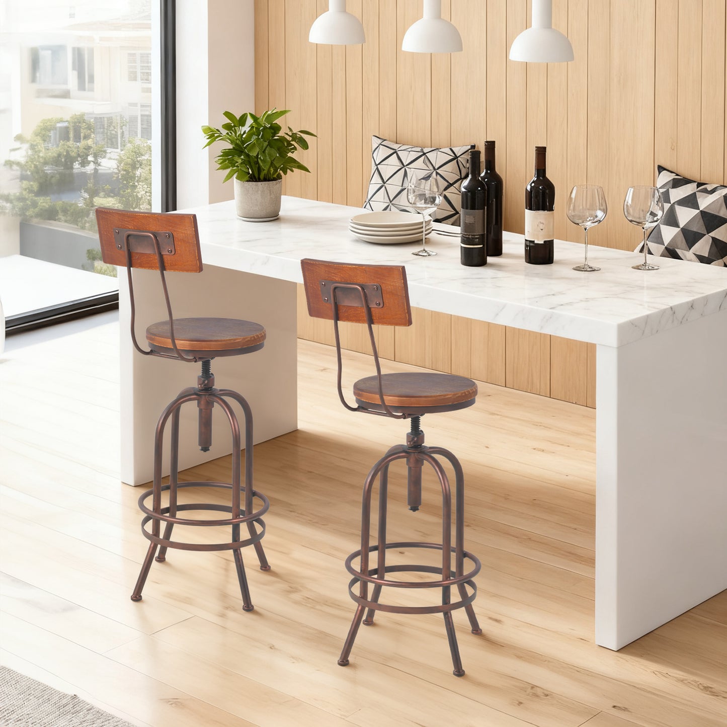 Set of 2,Industrial Bar Stools with Backrest-Swivel Wood Seat-Bar Counter Height Adjustable 26-32.3inch-Kitchen Island Dining Chair