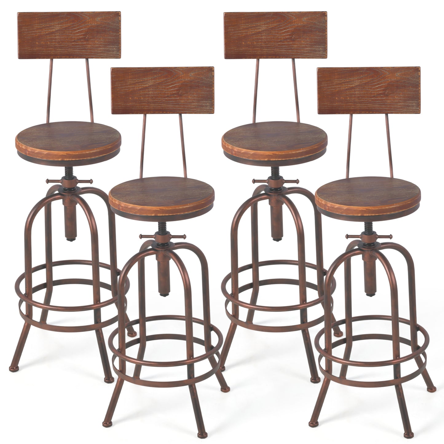 Set of 4,Industrial Bar Stools with Backrest-Swivel Wood Seat-Bar Counter Height Adjustable 26-32.3inch-Kitchen Island Dining Chair