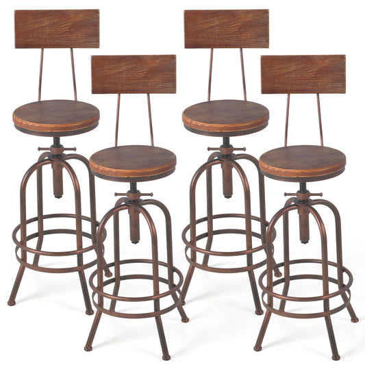 Set of 4,Industrial Bar Stools with Backrest-Swivel Wood Seat-Bar Counter Height Adjustable 26-32.3inch-Kitchen Island Dining Chair
