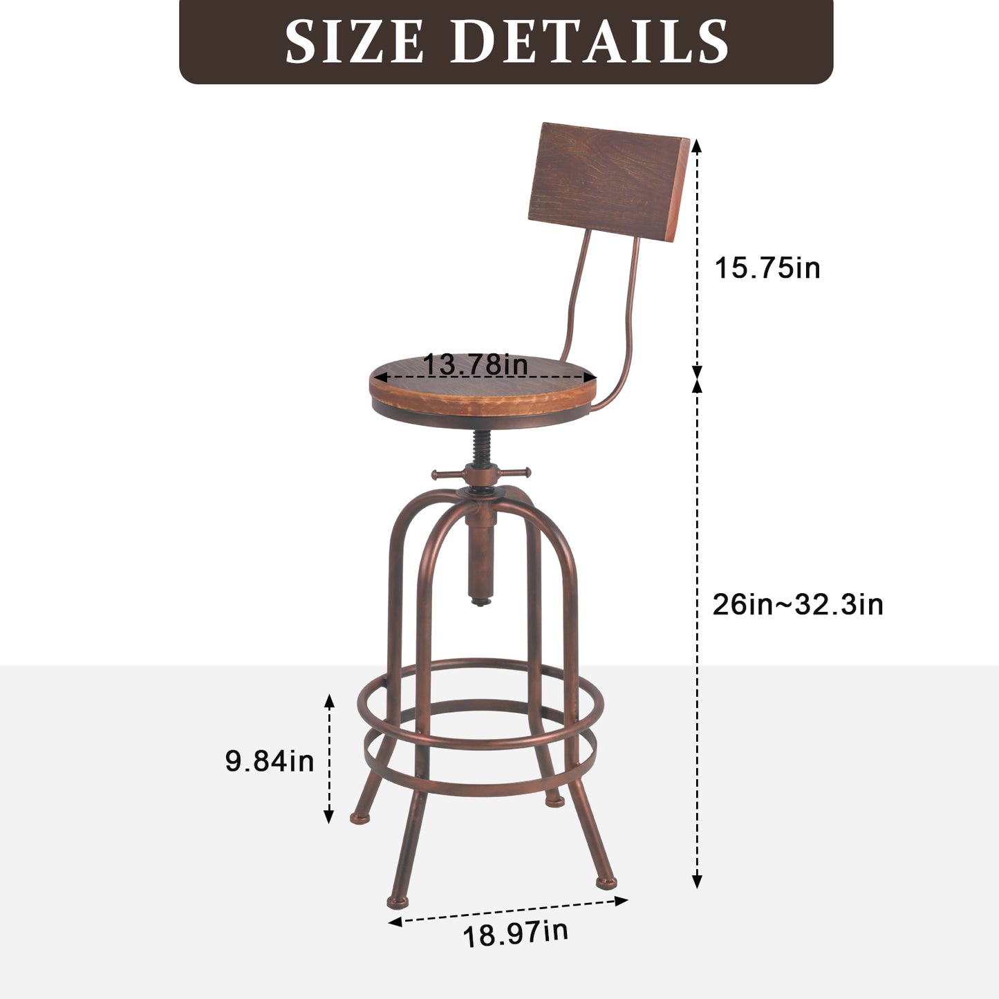 Set of 4,Industrial Bar Stools with Backrest-Swivel Wood Seat-Bar Counter Height Adjustable 26-32.3inch-Kitchen Island Dining Chair