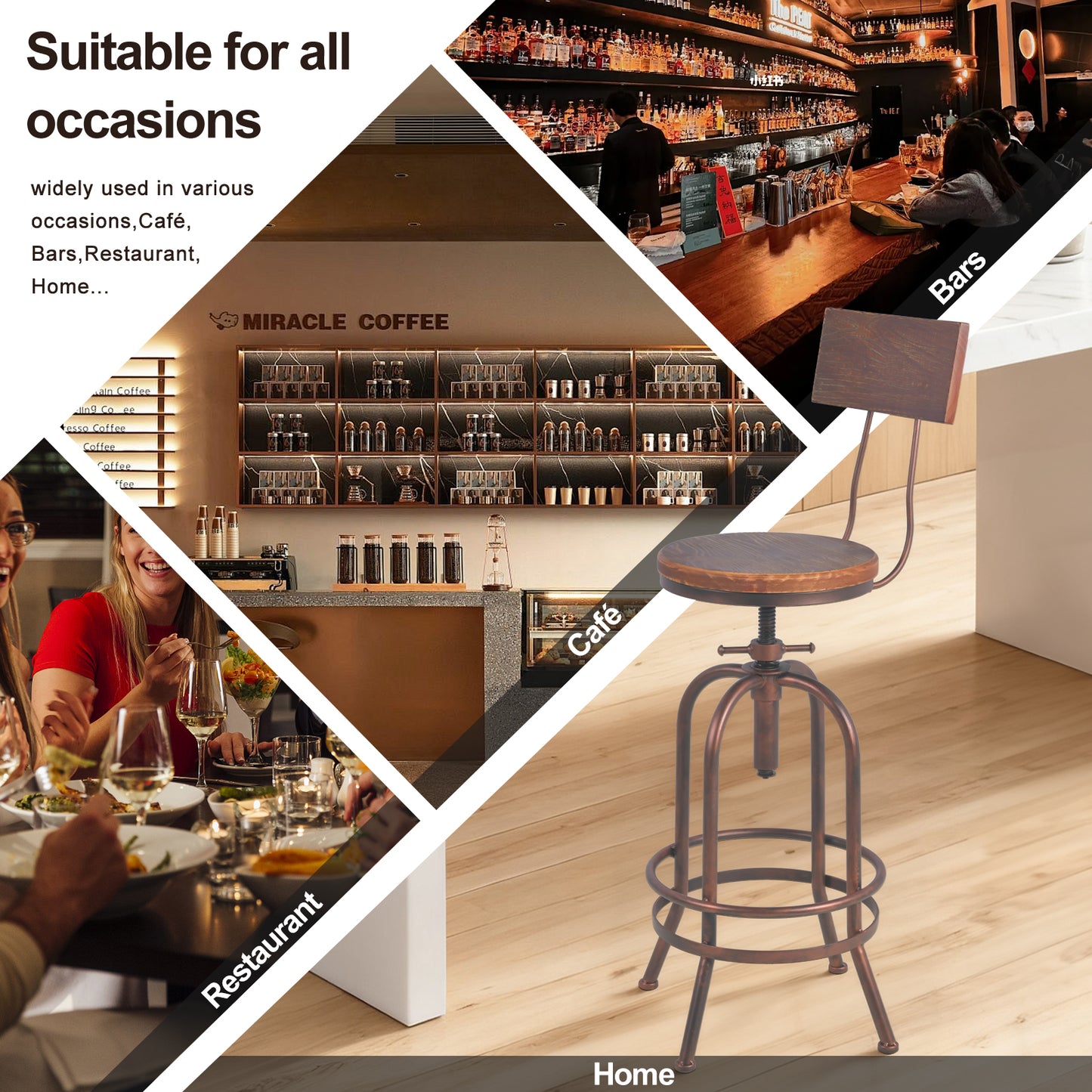 Set of 4,Industrial Bar Stools with Backrest-Swivel Wood Seat-Bar Counter Height Adjustable 26-32.3inch-Kitchen Island Dining Chair