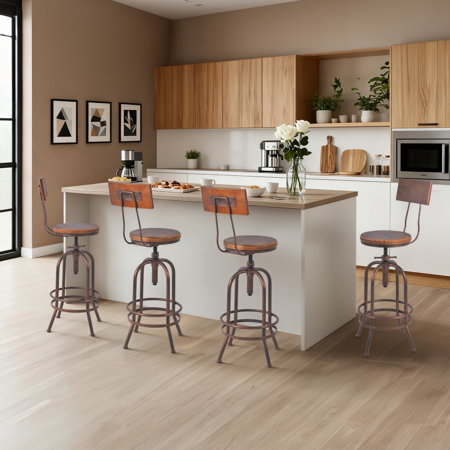 Set of 4,Industrial Bar Stools with Backrest-Swivel Wood Seat-Bar Counter Height Adjustable 26-32.3inch-Kitchen Island Dining Chair