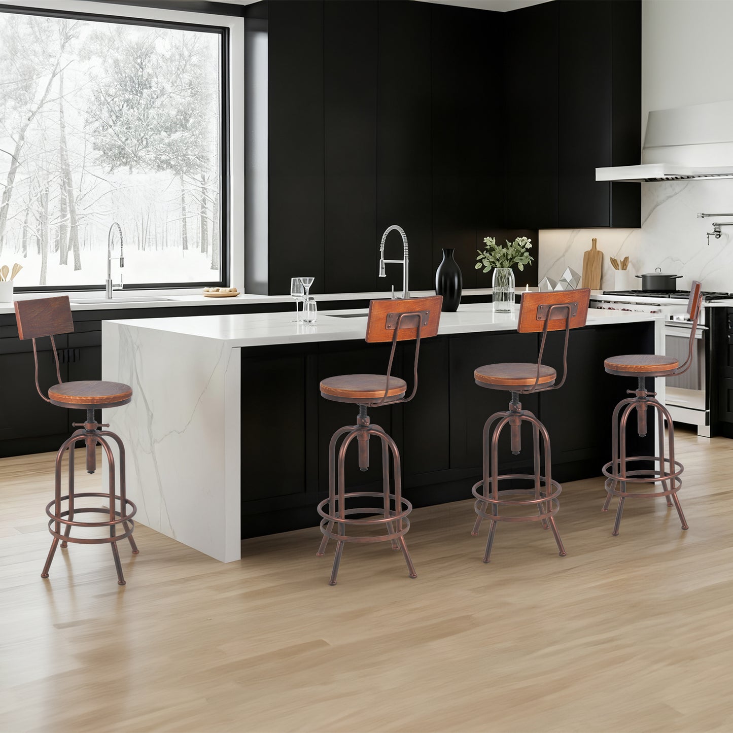 Set of 4,Industrial Bar Stools with Backrest-Swivel Wood Seat-Bar Counter Height Adjustable 26-32.3inch-Kitchen Island Dining Chair