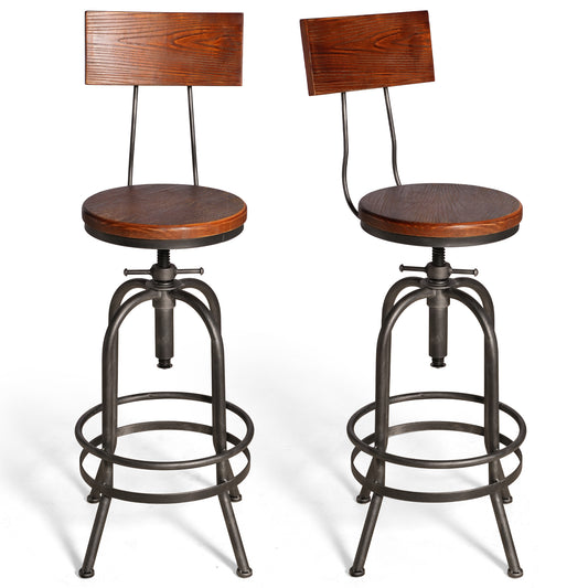 Set of 2,Industrial Bar Stools with Backrest-Swivel Wood Seat-Bar Counter Height Adjustable 26-32.3inch-Kitchen Island Dining Chair