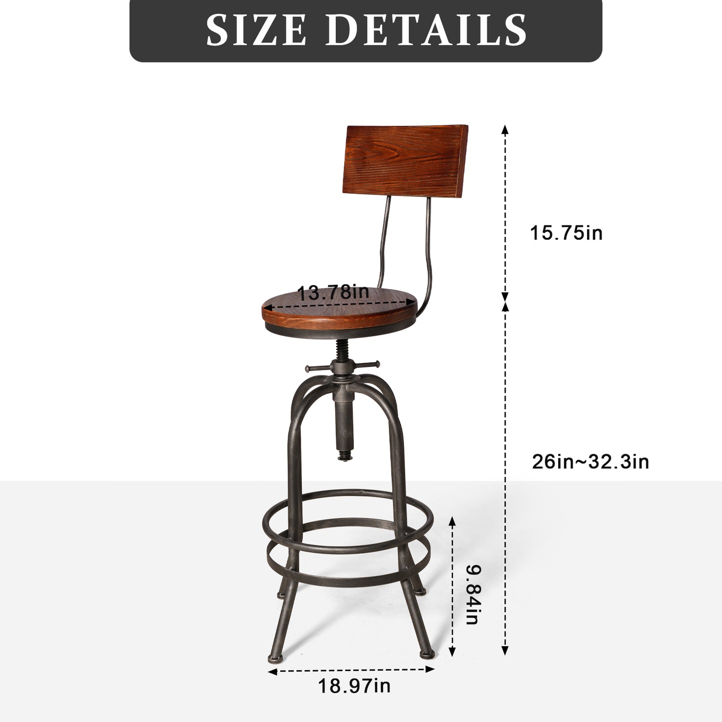 Set of 2,Industrial Bar Stools with Backrest-Swivel Wood Seat-Bar Counter Height Adjustable 26-32.3inch-Kitchen Island Dining Chair