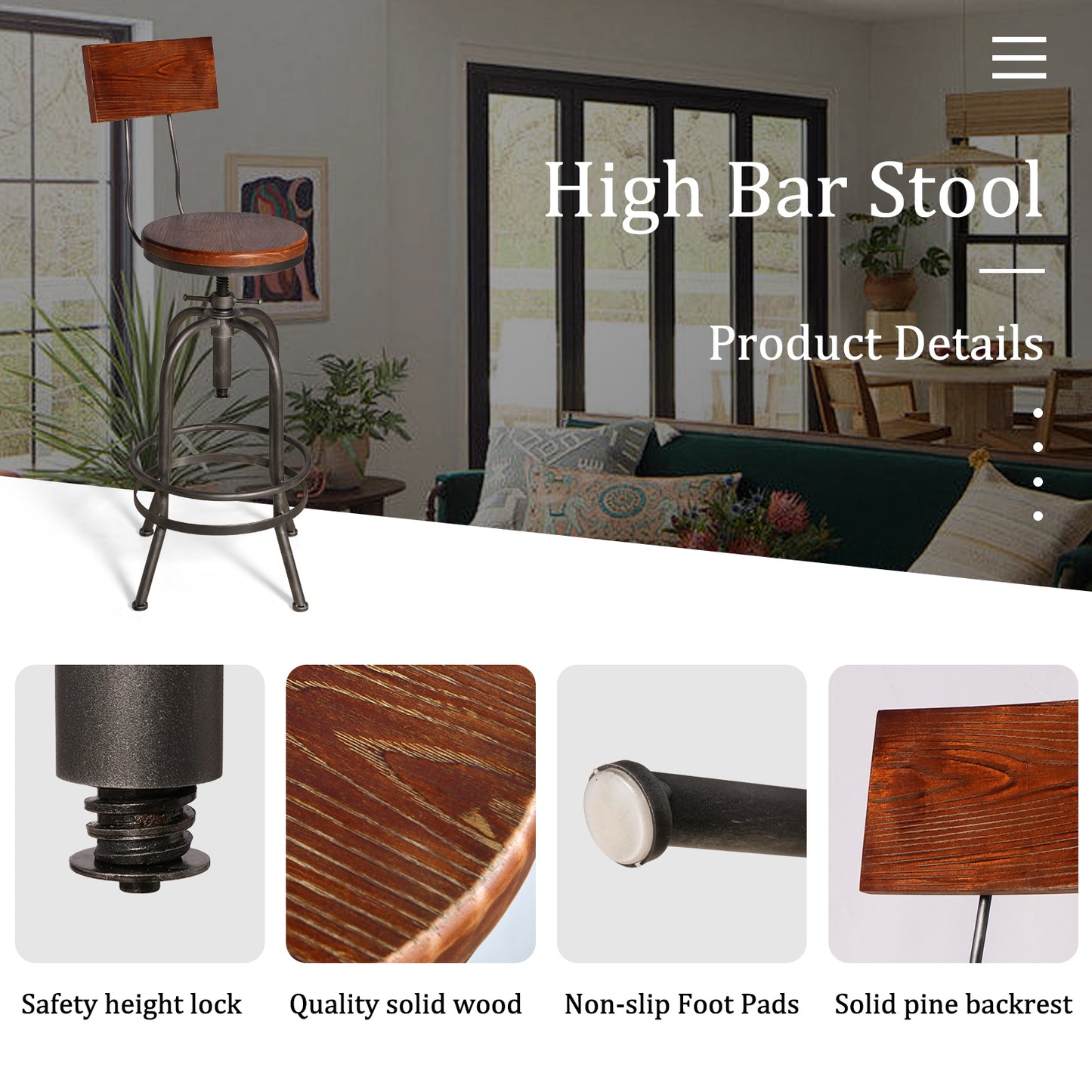 Set of 2,Industrial Bar Stools with Backrest-Swivel Wood Seat-Bar Counter Height Adjustable 26-32.3inch-Kitchen Island Dining Chair