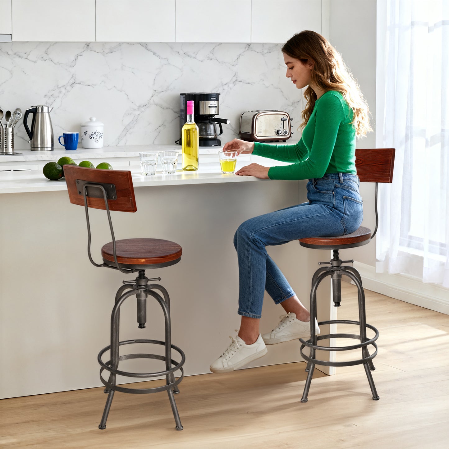 Set of 2,Industrial Bar Stools with Backrest-Swivel Wood Seat-Bar Counter Height Adjustable 26-32.3inch-Kitchen Island Dining Chair