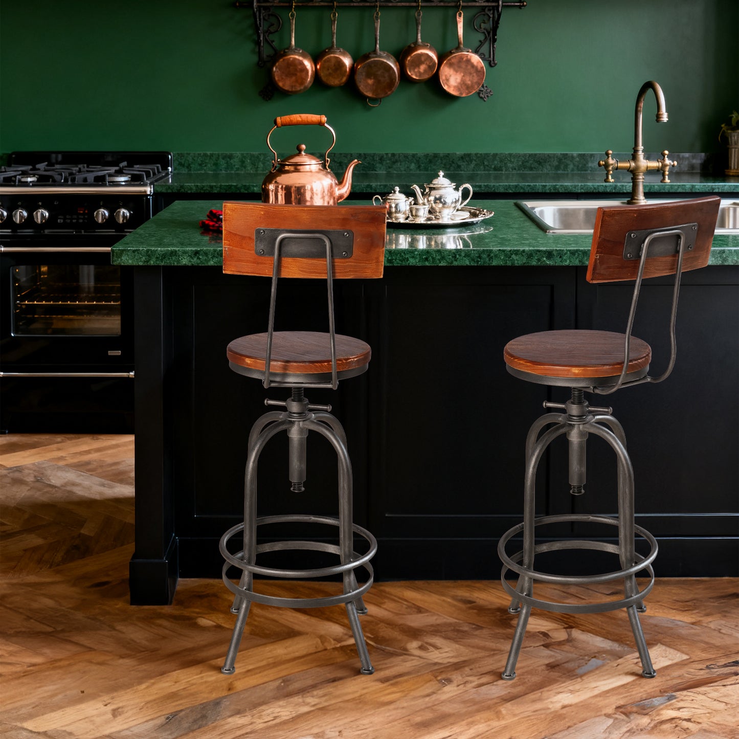 Set of 2,Industrial Bar Stools with Backrest-Swivel Wood Seat-Bar Counter Height Adjustable 26-32.3inch-Kitchen Island Dining Chair