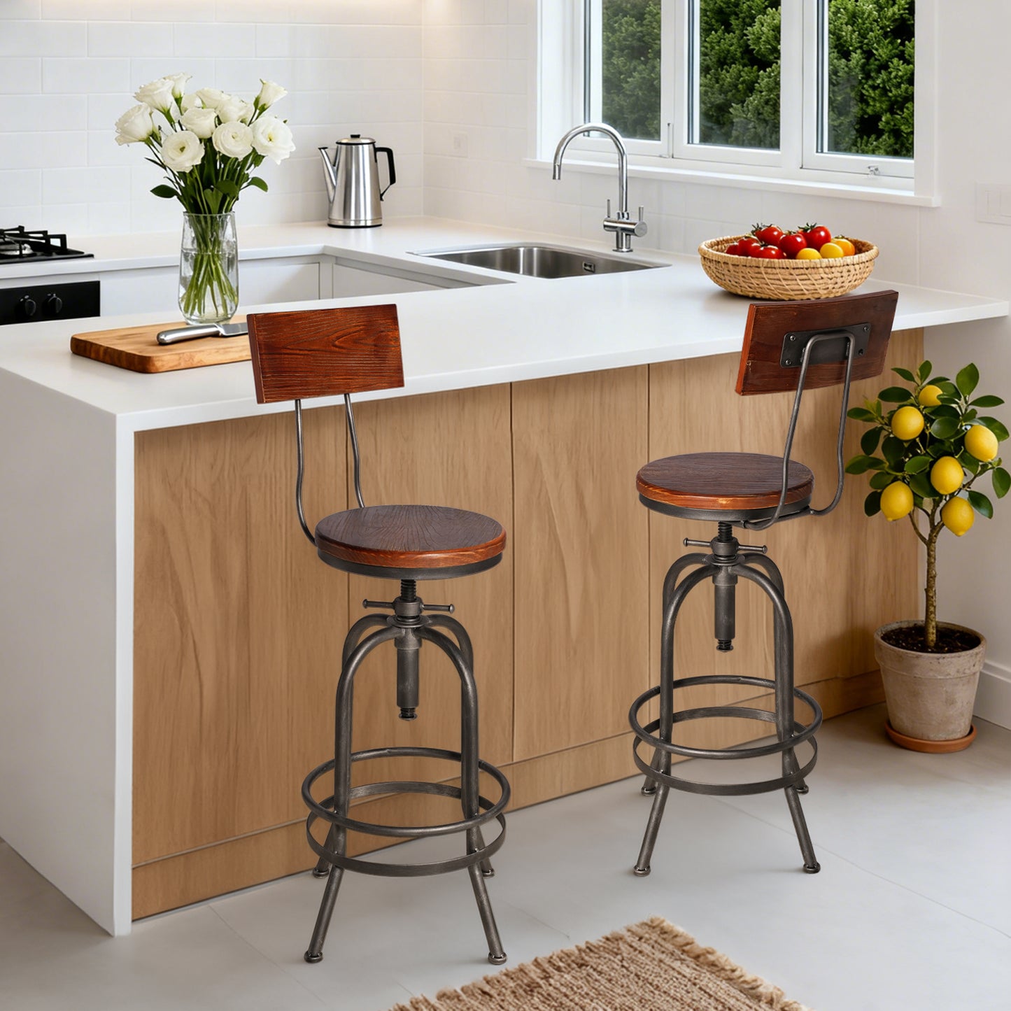 Set of 2,Industrial Bar Stools with Backrest-Swivel Wood Seat-Bar Counter Height Adjustable 26-32.3inch-Kitchen Island Dining Chair