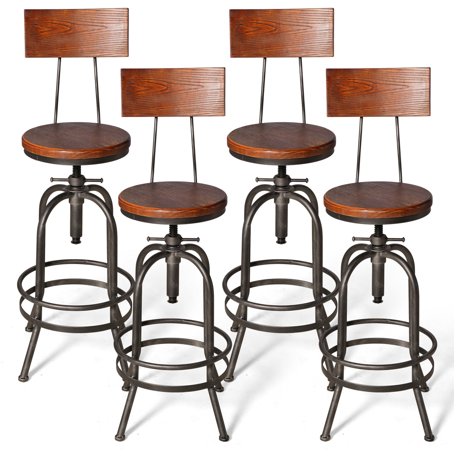 Set of 4,Industrial Bar Stools with Backrest-Swivel Wood Seat-Bar Counter Height Adjustable 26-32.3inch-Kitchen Island Dining Chair