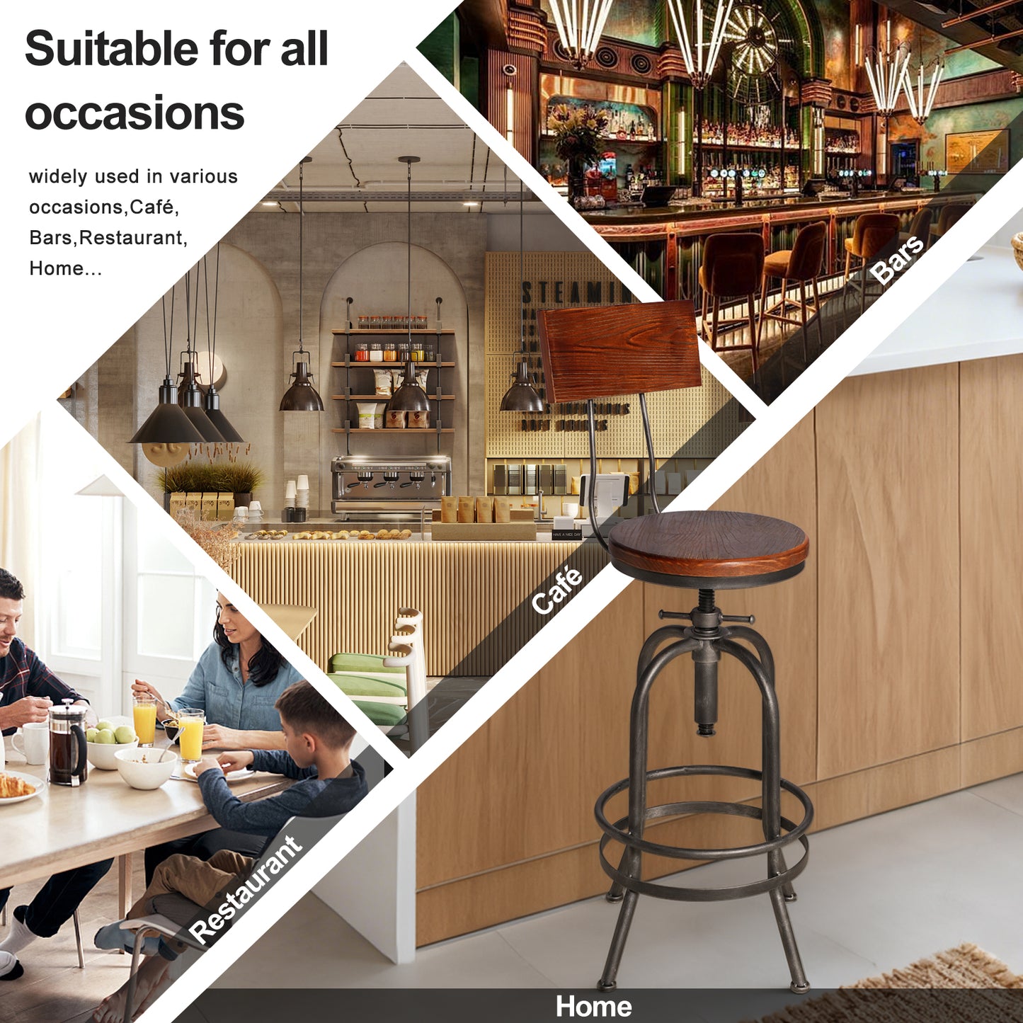 Set of 4,Industrial Bar Stools with Backrest-Swivel Wood Seat-Bar Counter Height Adjustable 26-32.3inch-Kitchen Island Dining Chair