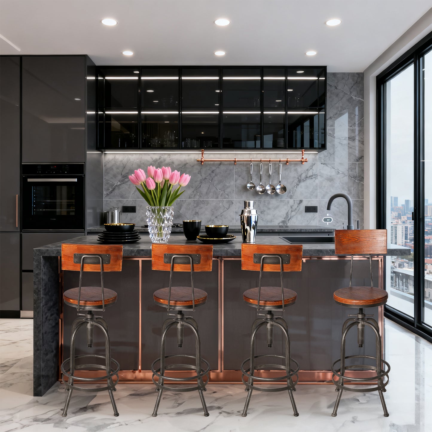 Set of 4,Industrial Bar Stools with Backrest-Swivel Wood Seat-Bar Counter Height Adjustable 26-32.3inch-Kitchen Island Dining Chair