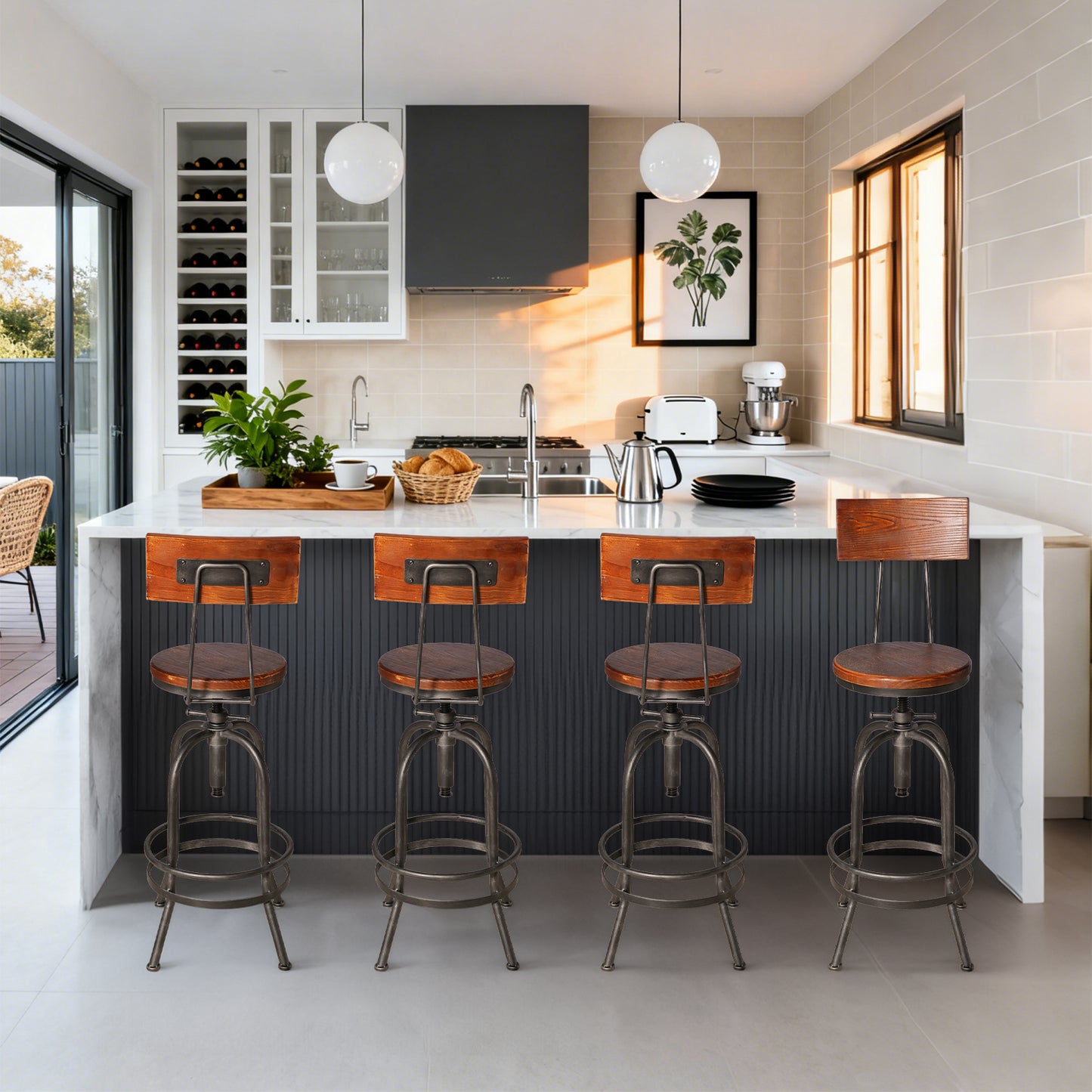 Set of 4,Industrial Bar Stools with Backrest-Swivel Wood Seat-Bar Counter Height Adjustable 26-32.3inch-Kitchen Island Dining Chair