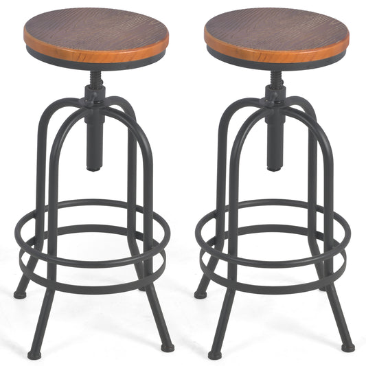 Set of 2, Industrial Bar Stool-Retro 26-32.3inch Swivel Stools-Extra Tall Kitchen Chair-Bar Counter Height Adjustable-Fully Welded (BLACK)
