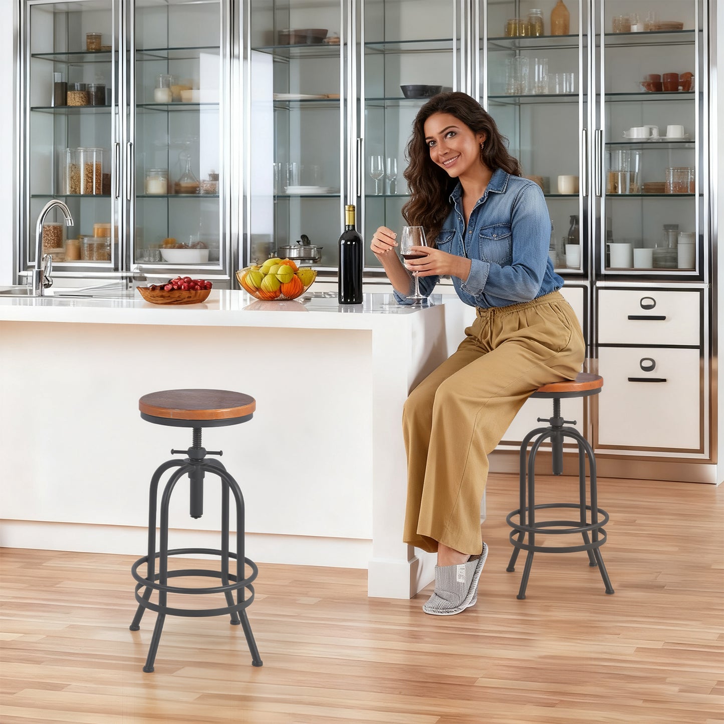 Set of 2, Industrial Bar Stool-Retro 26-32.3inch Swivel Stools-Extra Tall Kitchen Chair-Bar Counter Height Adjustable-Fully Welded (BLACK)
