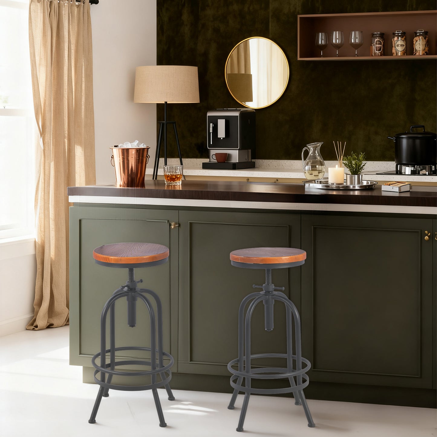 Set of 2, Industrial Bar Stool-Retro 26-32.3inch Swivel Stools-Extra Tall Kitchen Chair-Bar Counter Height Adjustable-Fully Welded (BLACK)