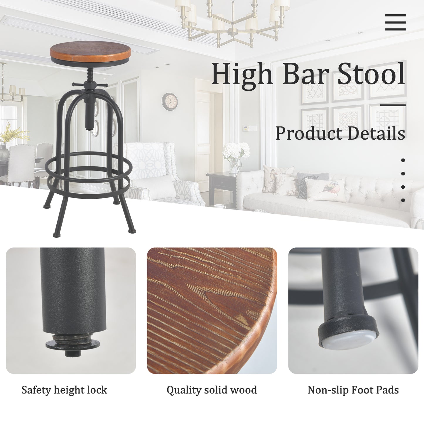 Set of 4, Industrial Bar Stool-Retro 26-32.3inch Swivel Stools-Extra Tall Kitchen Chair-Bar Counter Height Adjustable-Fully Welded (BLACK)